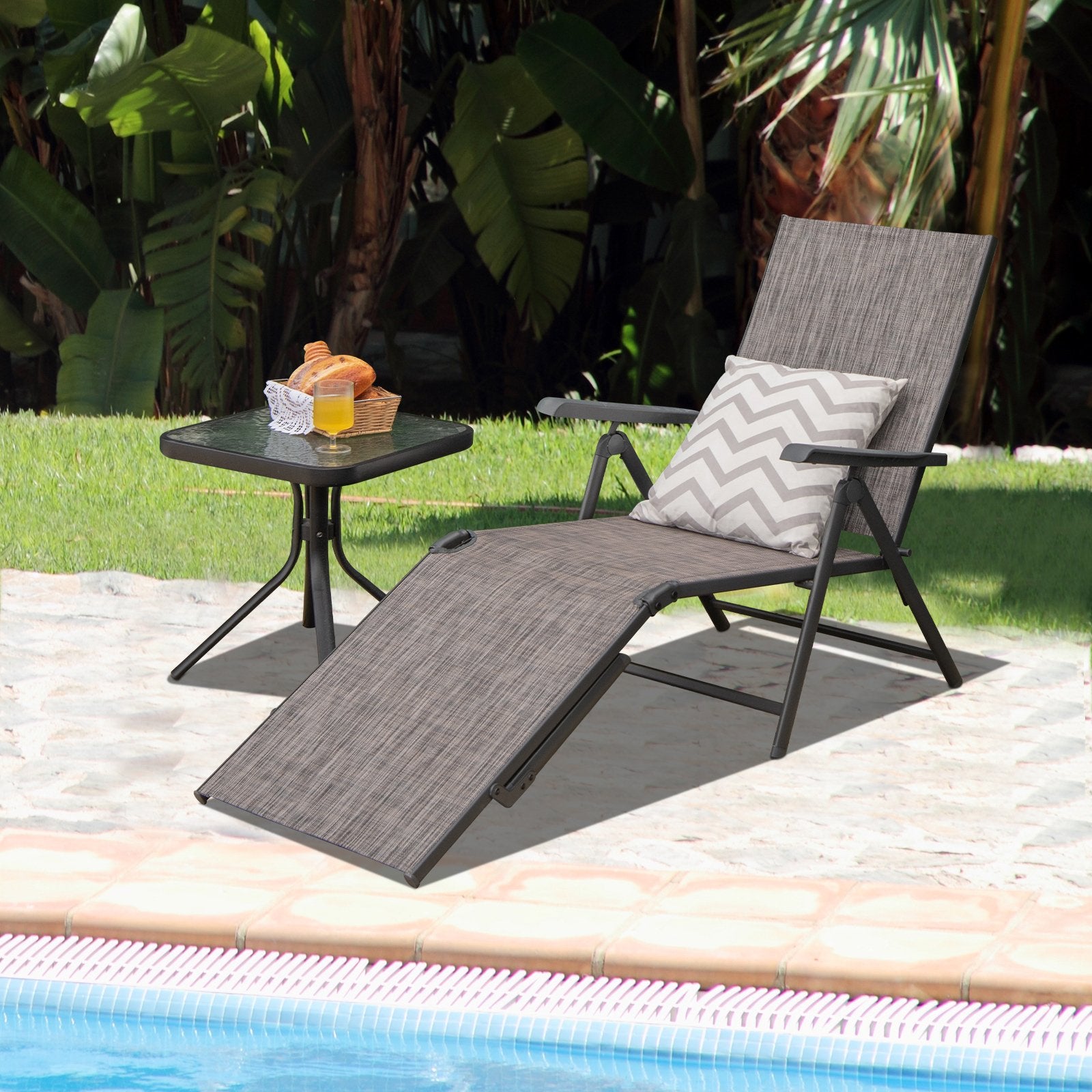 Patio Foldable Chaise Lounge Chair with Backrest and Footrest, Gray Outdoor Chaise Lounges   at Gallery Canada