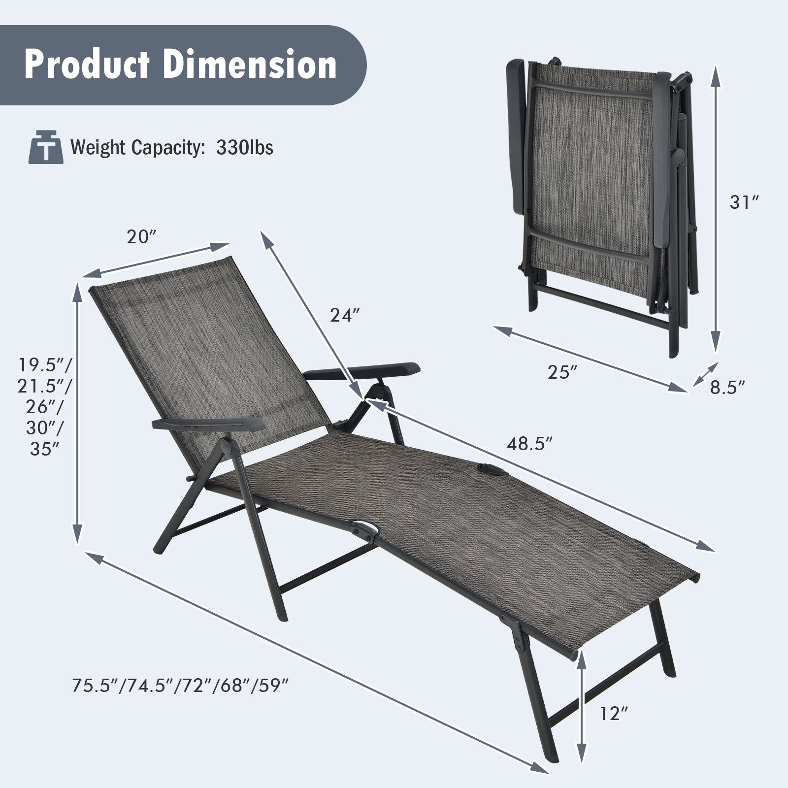 Patio Foldable Chaise Lounge Chair with Backrest and Footrest, Gray Outdoor Chaise Lounges   at Gallery Canada