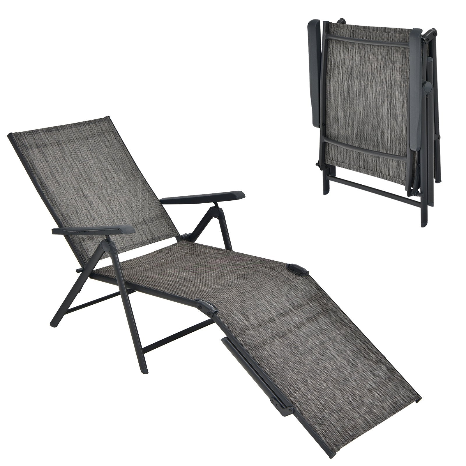 Patio Foldable Chaise Lounge Chair with Backrest and Footrest, Gray Outdoor Chaise Lounges   at Gallery Canada