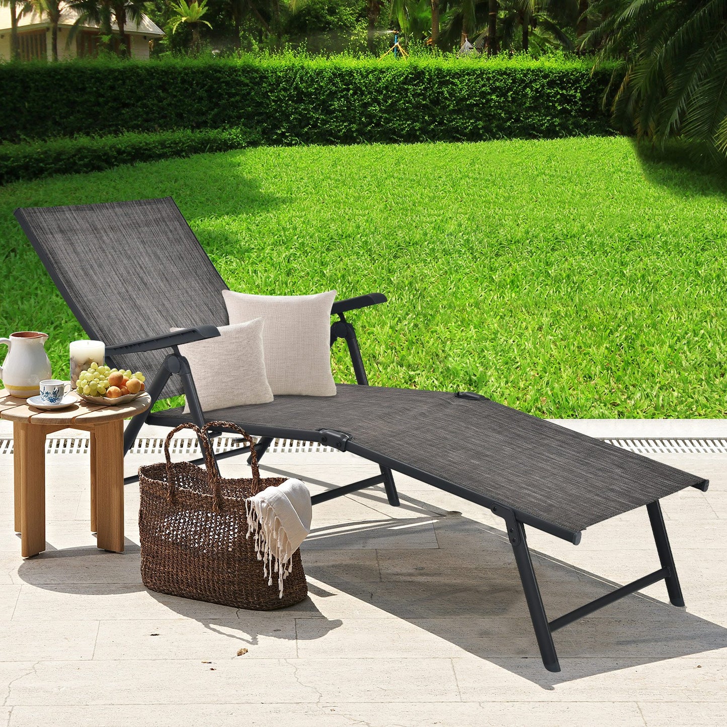 Patio Foldable Chaise Lounge Chair with Backrest and Footrest, Gray Outdoor Chaise Lounges   at Gallery Canada