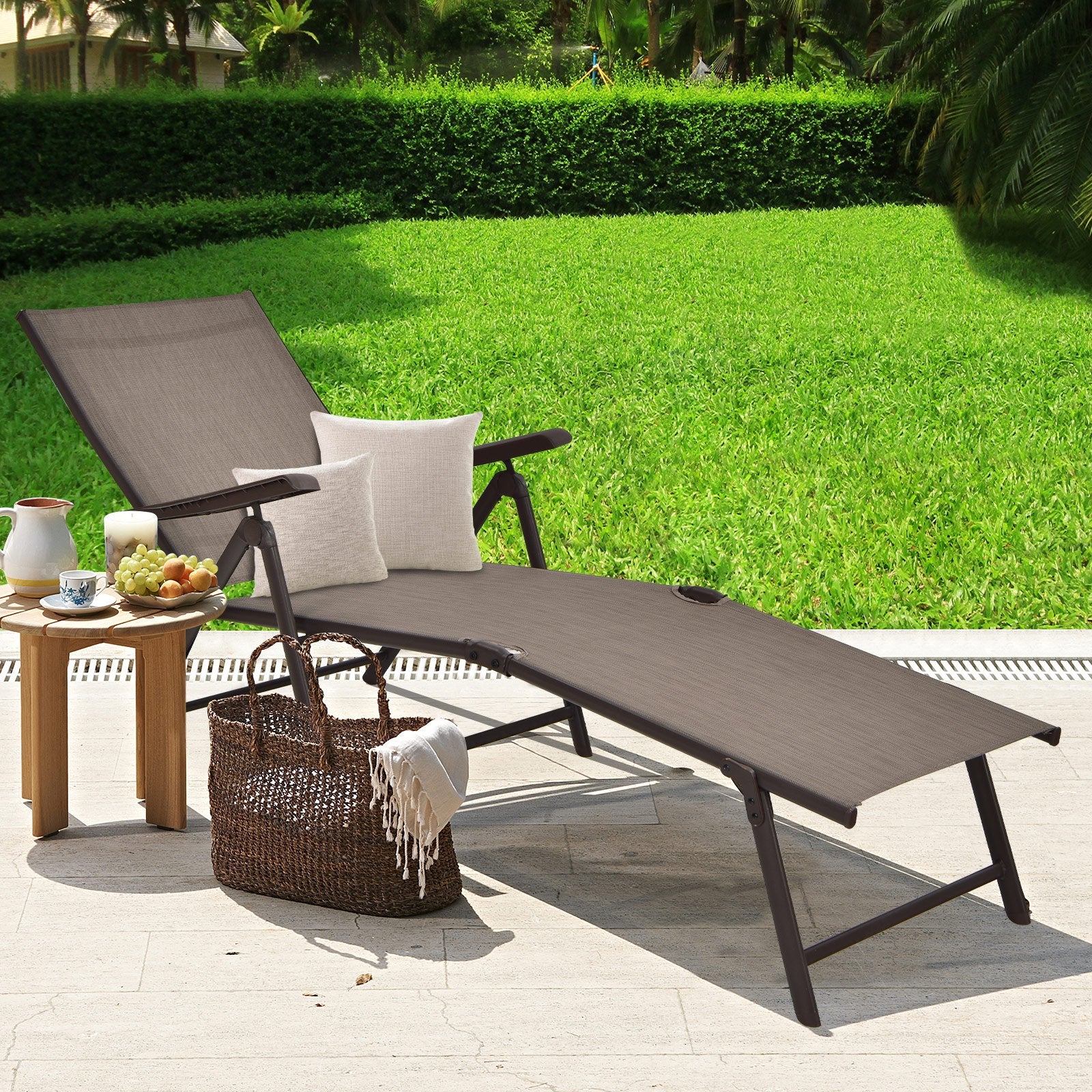 Patio Foldable Chaise Lounge Chair with Backrest and Footrest, Brown Outdoor Chaise Lounges   at Gallery Canada