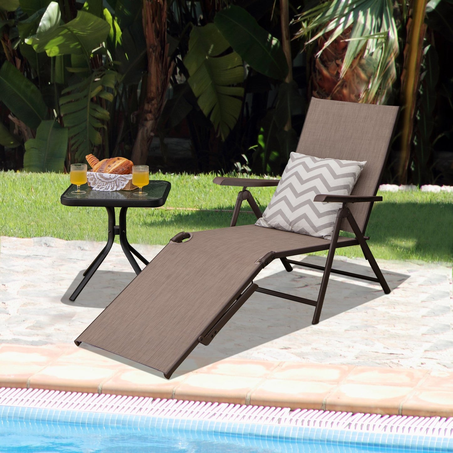 Patio Foldable Chaise Lounge Chair with Backrest and Footrest, Brown Outdoor Chaise Lounges   at Gallery Canada