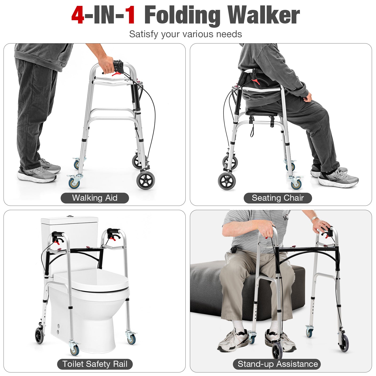 Height Adjustable Aluminum Walker with Rolling Wheels and Brakes, Silver Walkers & Rollators   at Gallery Canada