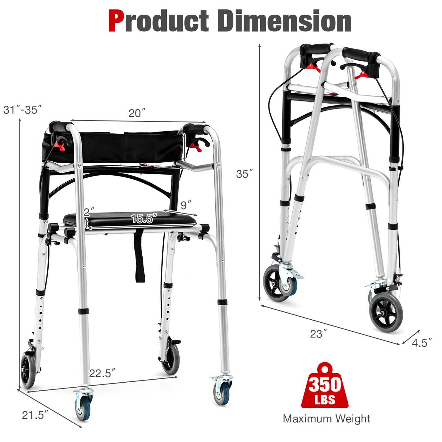 Height Adjustable Aluminum Walker with Rolling Wheels and Brakes, Silver Walkers & Rollators   at Gallery Canada