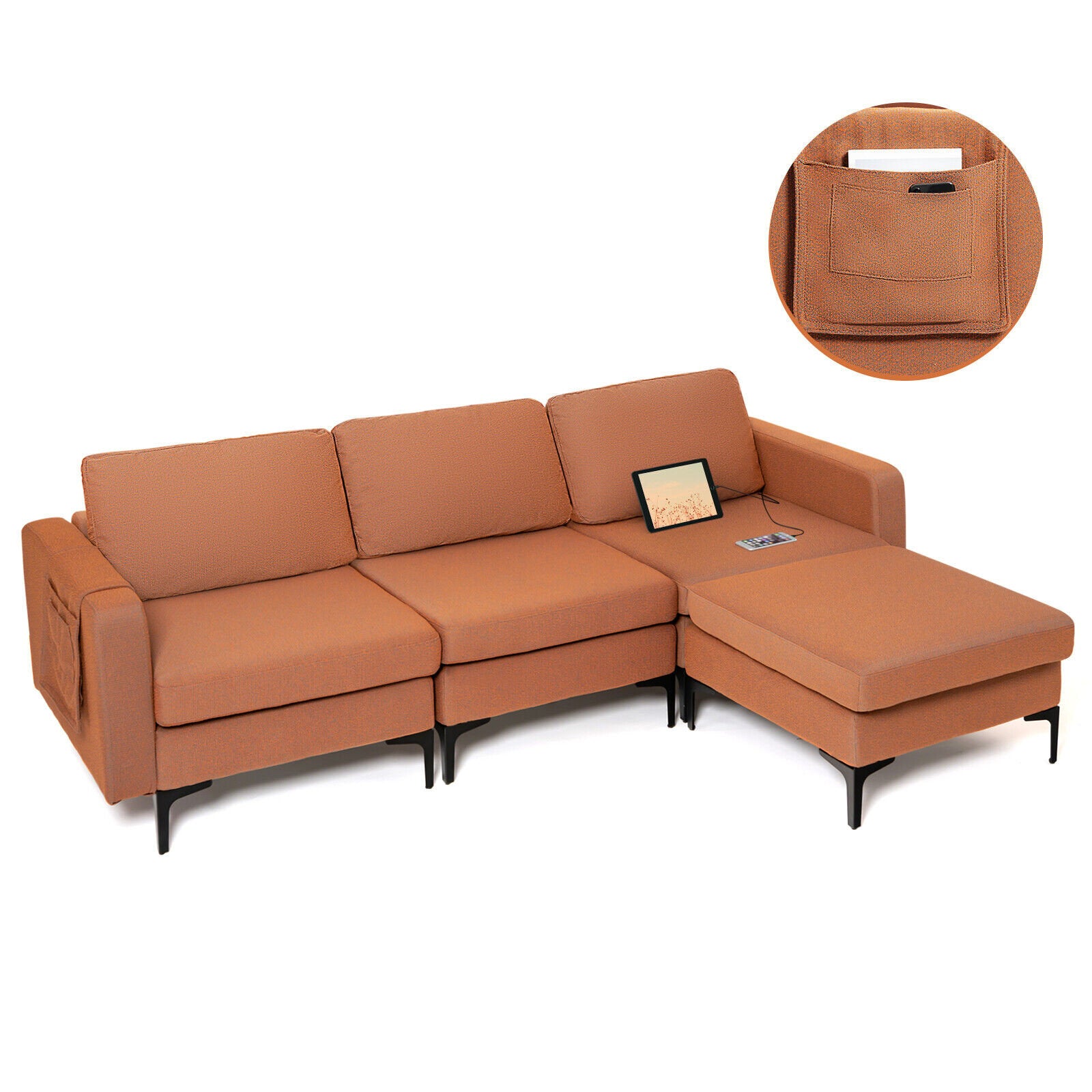 Modular L-shaped Sectional Sofa with Reversible Chaise and 2 USB Ports, Orange Sofas & Loveseats   at Gallery Canada