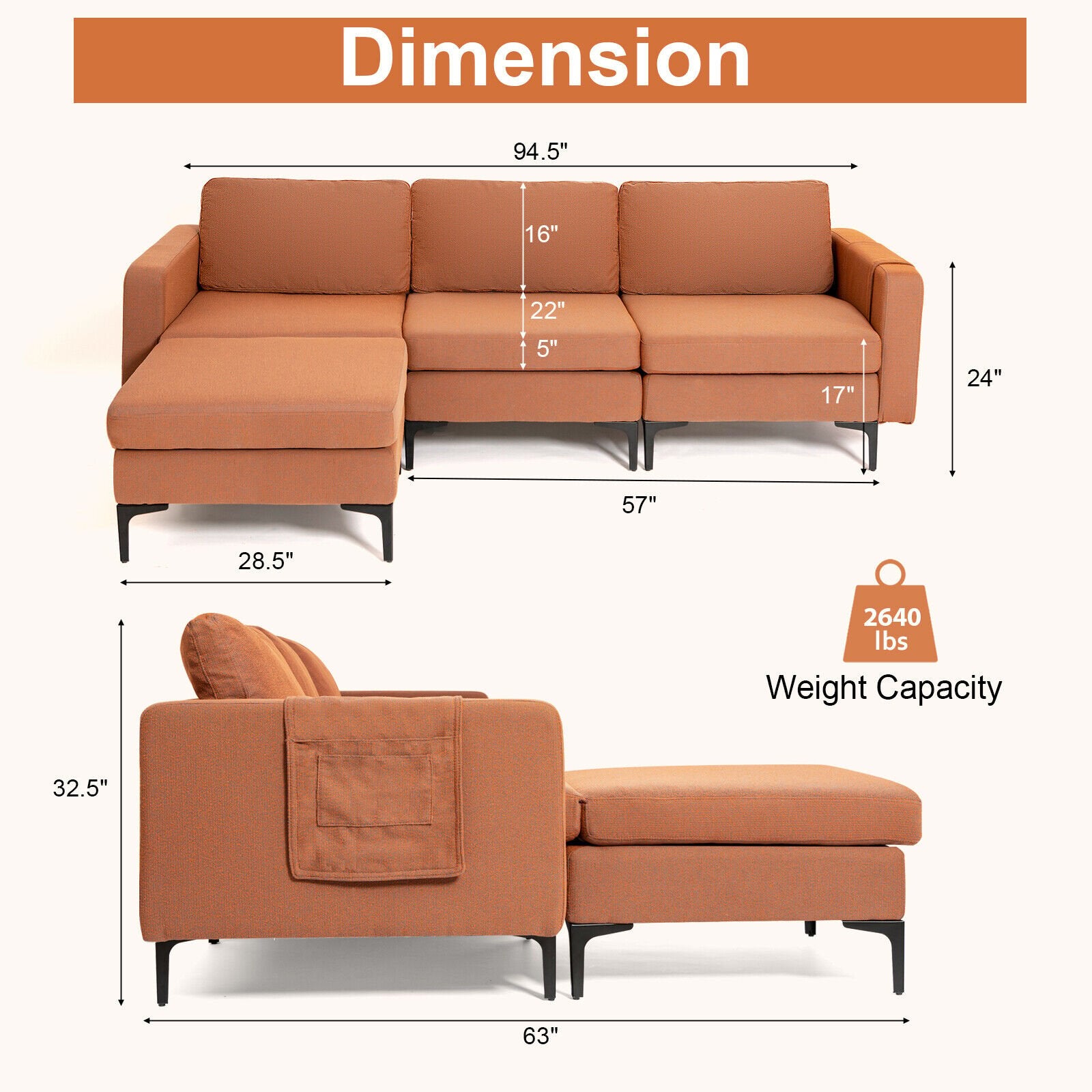 Modular L-shaped Sectional Sofa with Reversible Chaise and 2 USB Ports, Orange Sofas & Loveseats   at Gallery Canada