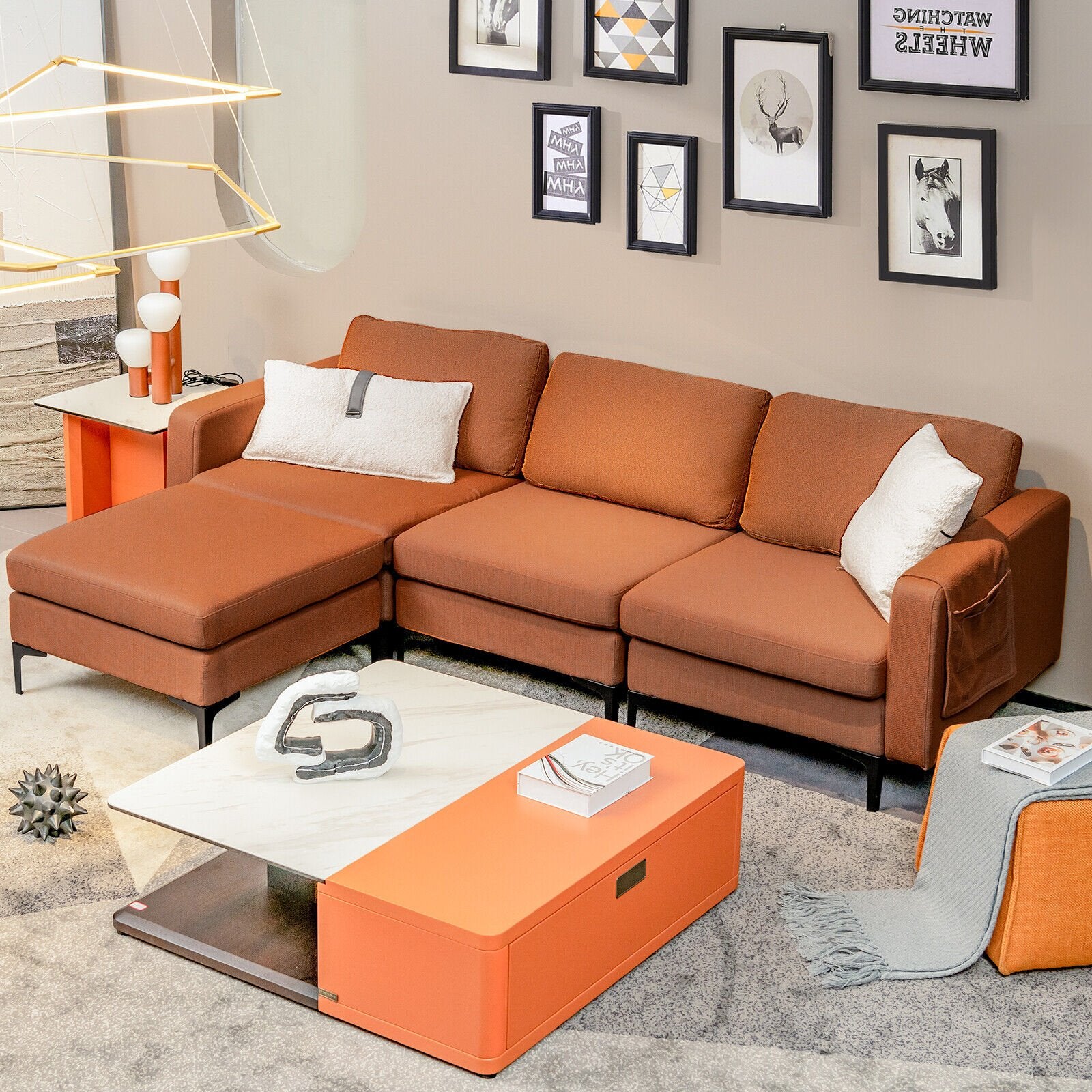 Modular L-shaped Sectional Sofa with Reversible Chaise and 2 USB Ports, Orange Sofas & Loveseats   at Gallery Canada