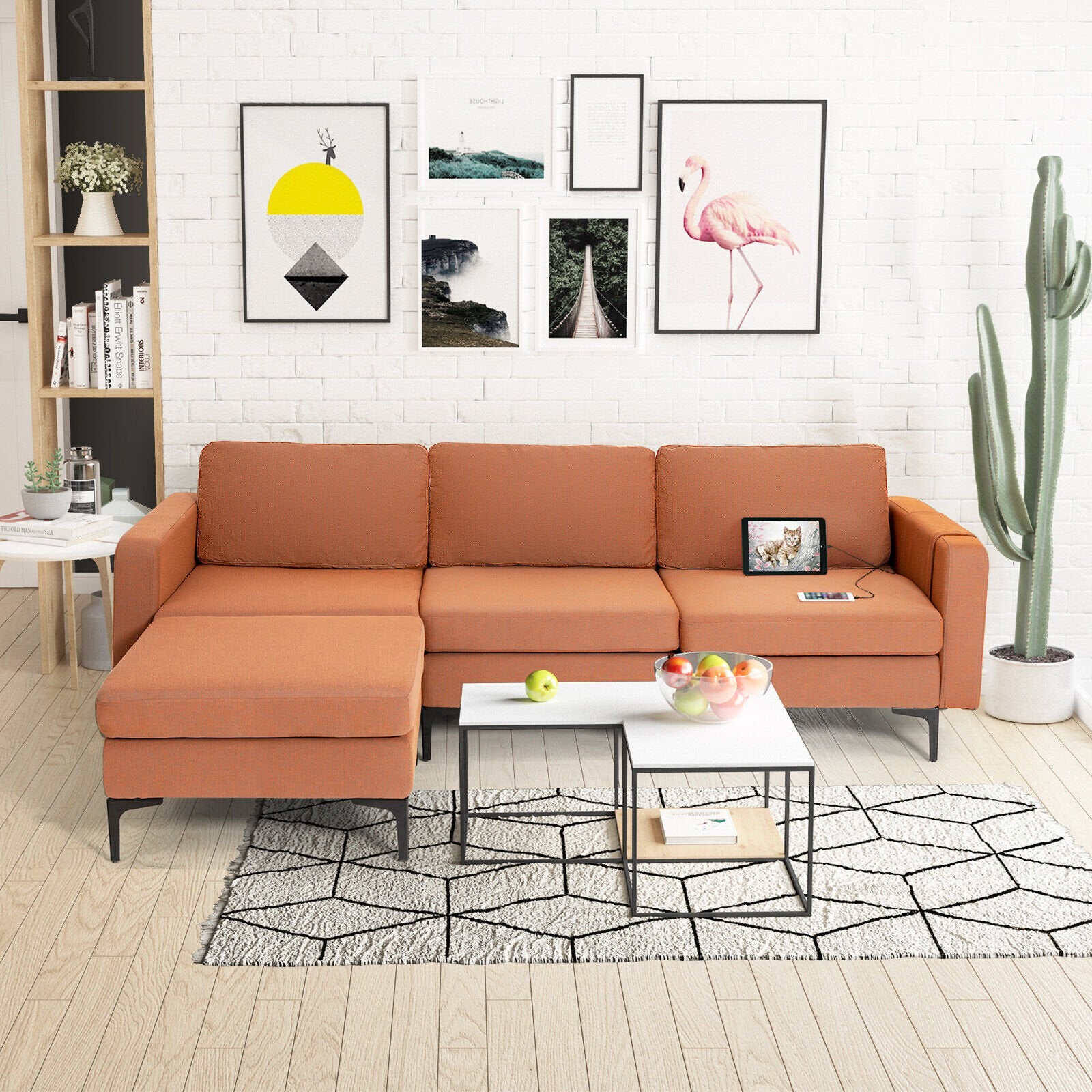 Modular L-shaped Sectional Sofa with Reversible Chaise and 2 USB Ports, Orange Sofas & Loveseats   at Gallery Canada