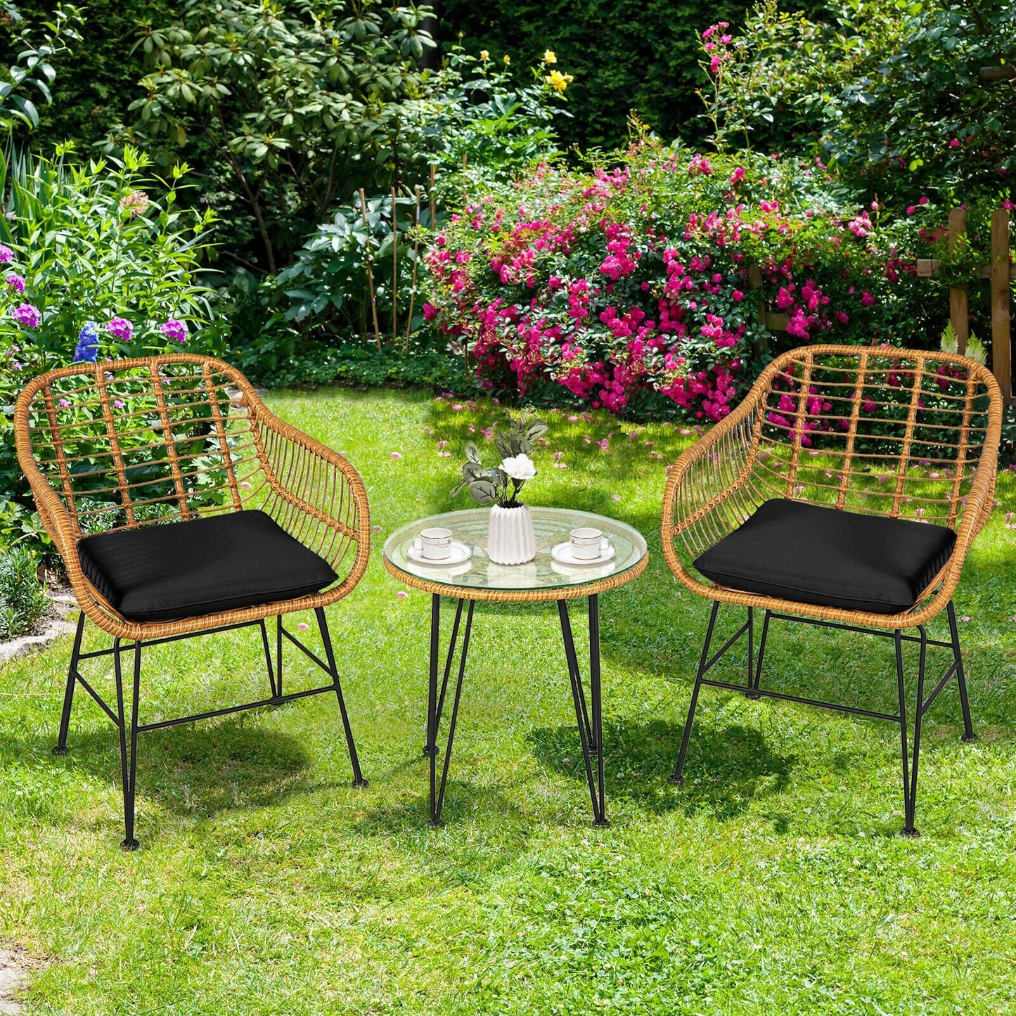 3 Pieces Rattan Furniture Set with Cushioned Chair Table, Black Patio Conversation Sets   at Gallery Canada