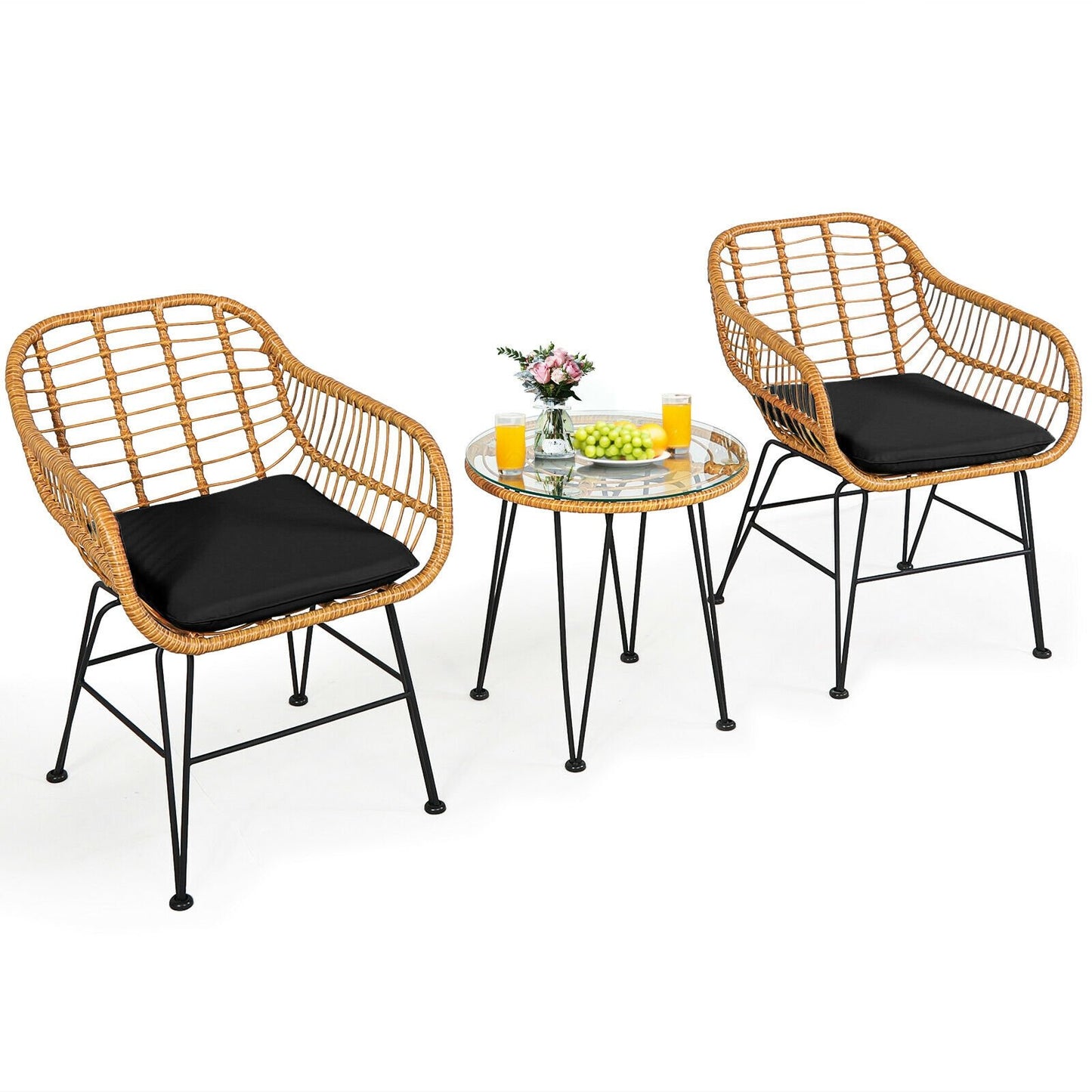 3 Pieces Rattan Furniture Set with Cushioned Chair Table, Black Patio Conversation Sets   at Gallery Canada