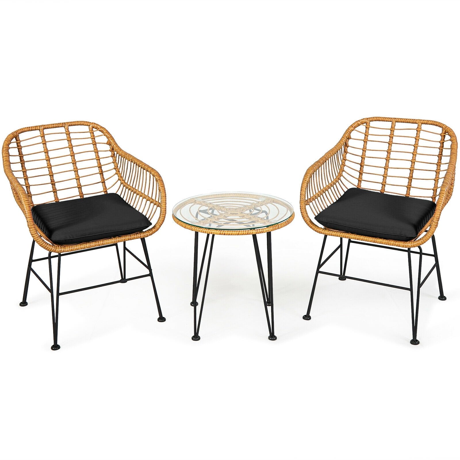 3 Pieces Rattan Furniture Set with Cushioned Chair Table, Black Patio Conversation Sets   at Gallery Canada