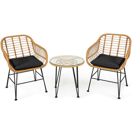 3 Pieces Rattan Furniture Set with Cushioned Chair Table, Black - Gallery Canada