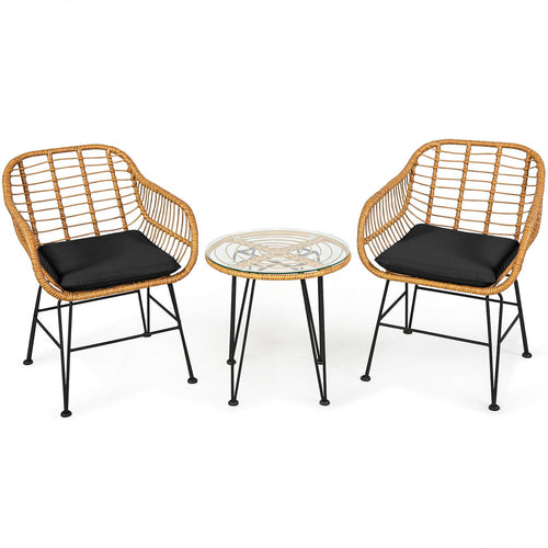 3 Pieces Rattan Furniture Set with Cushioned Chair Table, Black