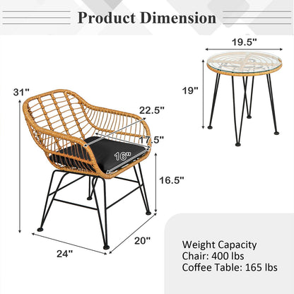 3 Pieces Rattan Furniture Set with Cushioned Chair Table, Black Patio Conversation Sets   at Gallery Canada