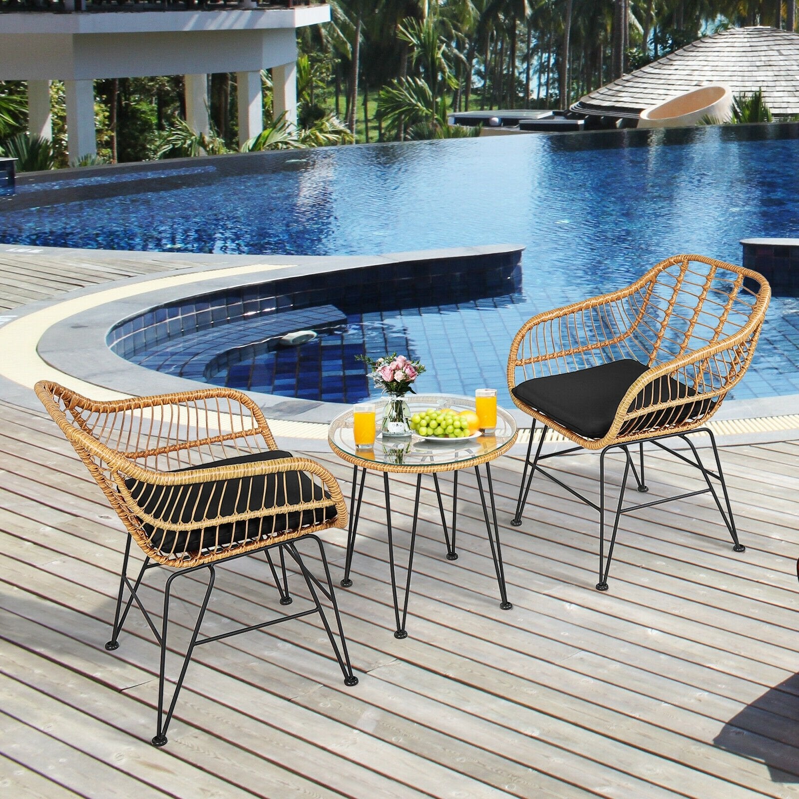 3 Pieces Rattan Furniture Set with Cushioned Chair Table, Black - Gallery Canada