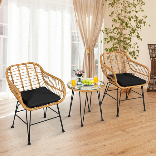 3 Pieces Rattan Furniture Set with Cushioned Chair Table, Black