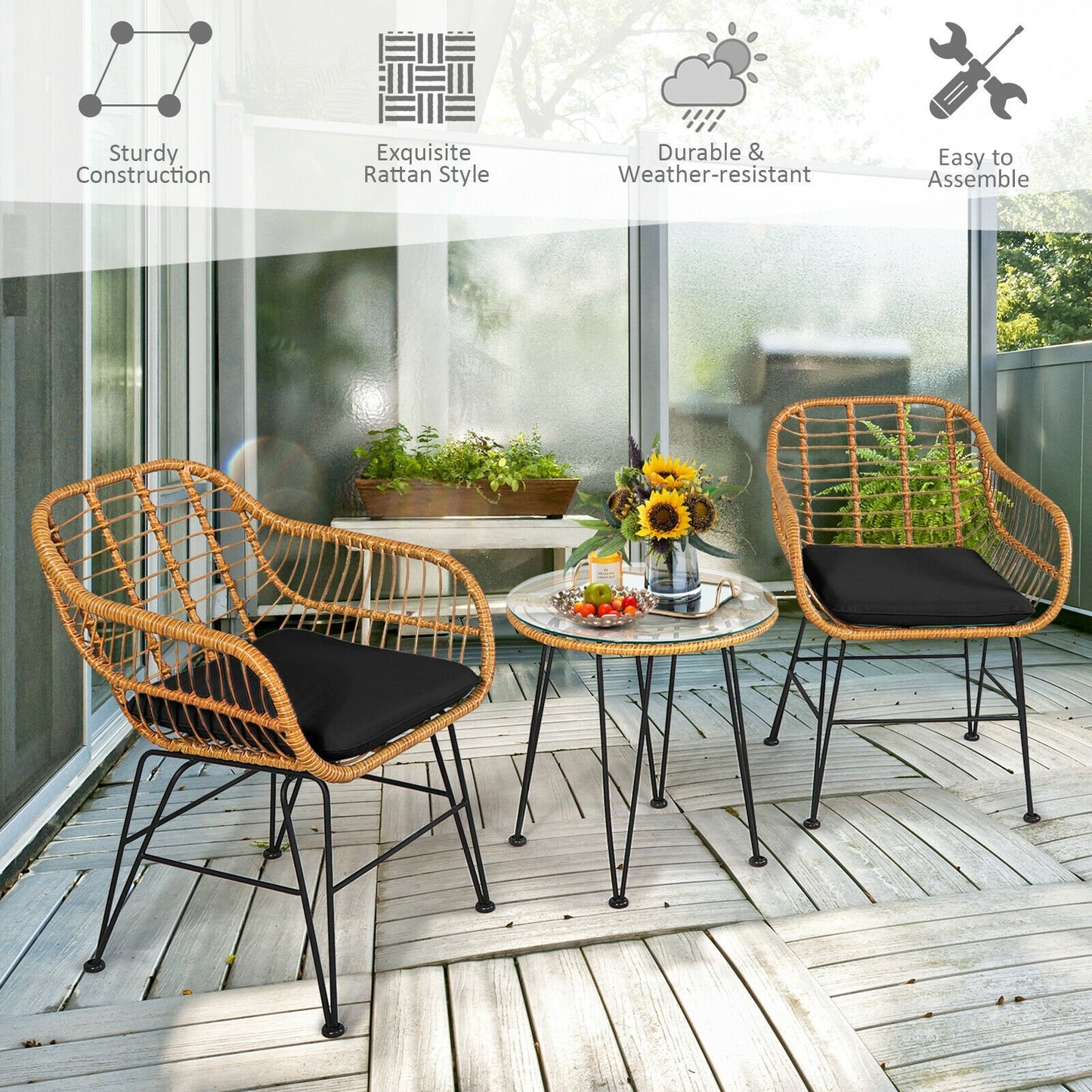 3 Pieces Rattan Furniture Set with Cushioned Chair Table, Black Patio Conversation Sets   at Gallery Canada