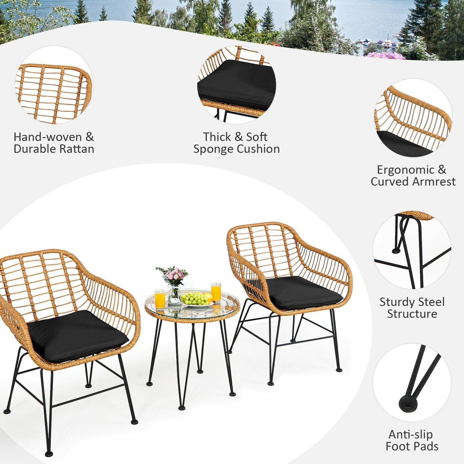 3 Pieces Rattan Furniture Set with Cushioned Chair Table, Black - Gallery Canada