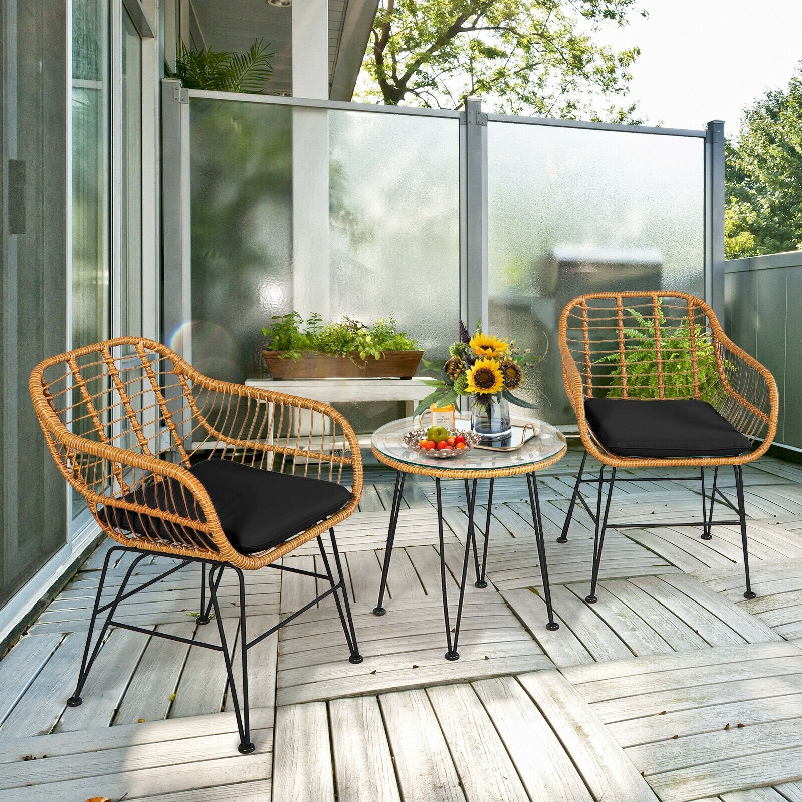 3 Pieces Rattan Furniture Set with Cushioned Chair Table, Black Patio Conversation Sets   at Gallery Canada