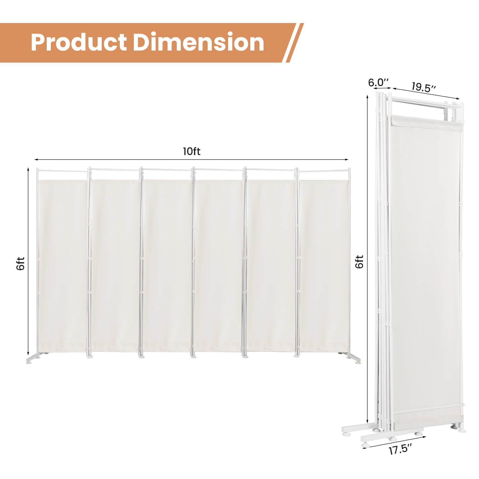 6-Panel Room Divider Folding Privacy Screen, White Room Dividers   at Gallery Canada