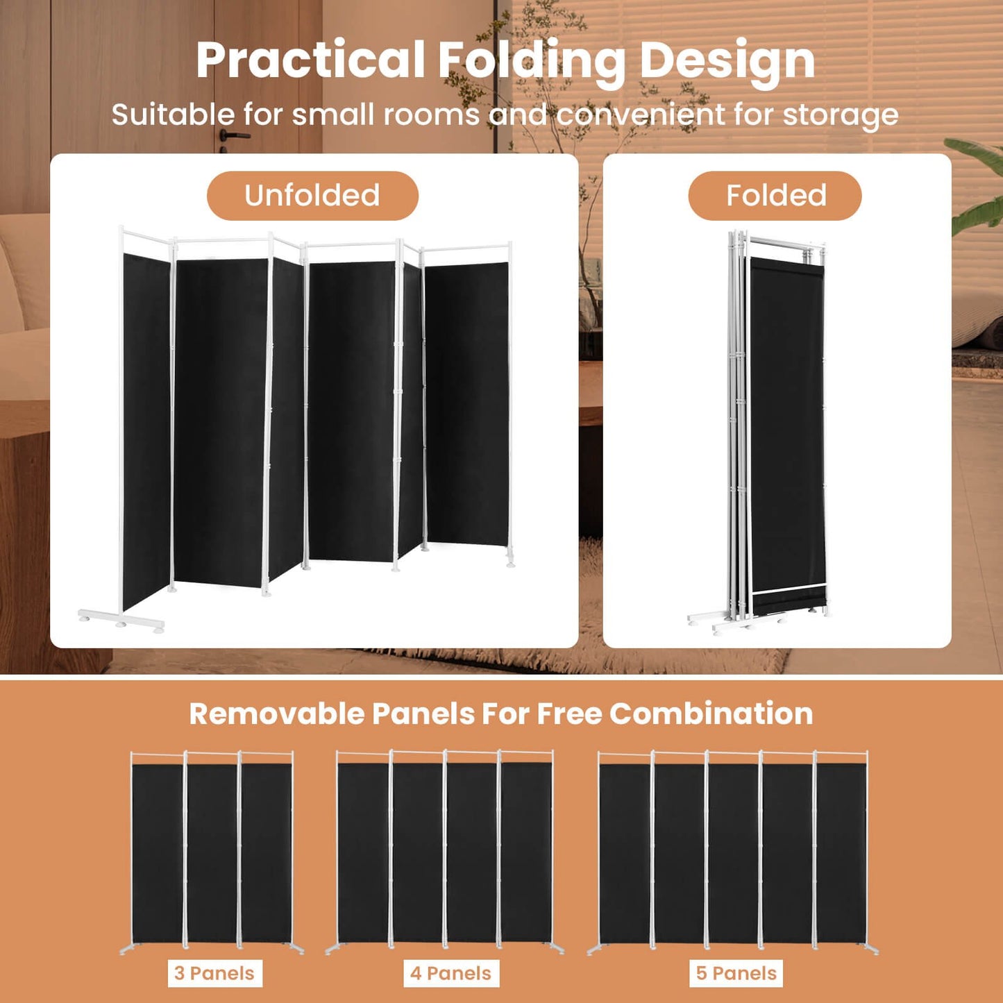 6-Panel Room Divider Folding Privacy Screen , Black Room Dividers   at Gallery Canada