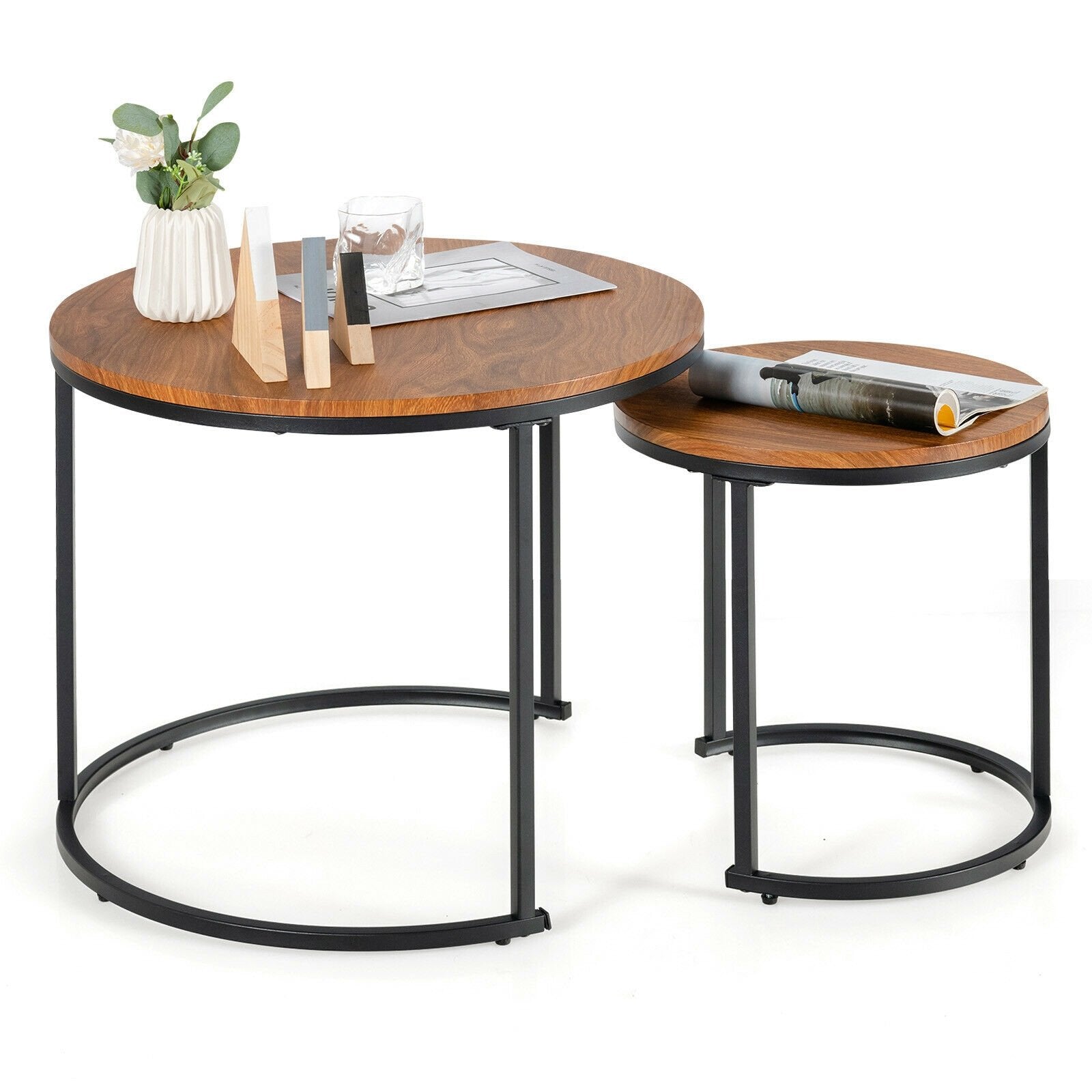 Set of 2 Modern Round Stacking Nesting Coffee Tables for Living Room, Brown Coffee Tables   at Gallery Canada