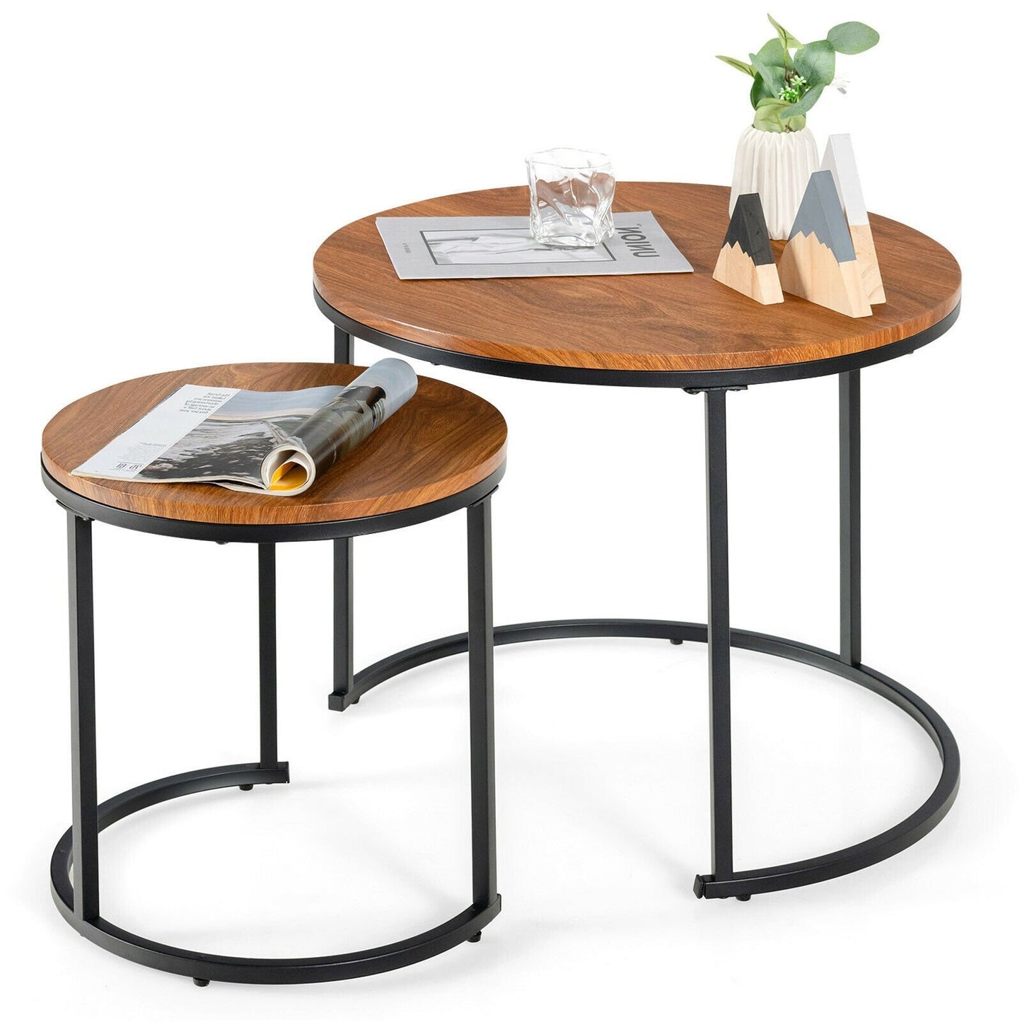 Set of 2 Modern Round Stacking Nesting Coffee Tables for Living Room, Brown Coffee Tables   at Gallery Canada