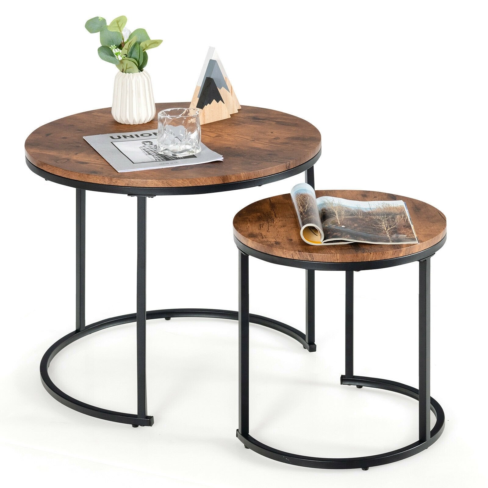 Set of 2 Modern Round Stacking Nesting Coffee Tables for Living Room, Rustic Brown Coffee Tables   at Gallery Canada