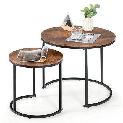 Set of 2 Modern Round Stacking Nesting Coffee Tables for Living Room, Rustic Brown Coffee Tables   at Gallery Canada