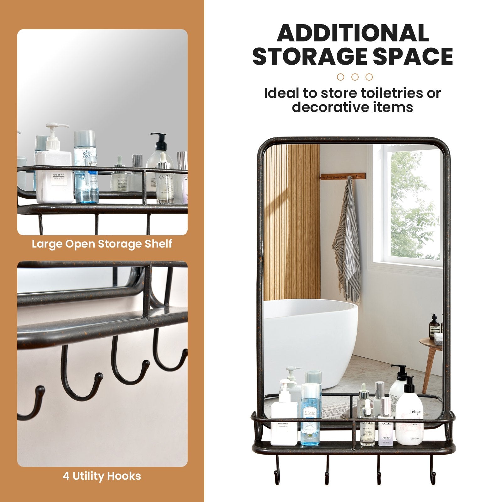 Wall Bathroom Mirror with Shelf Hooks Sturdy Metal Frame for Bedroom Living Room, Black Wall Mirrors   at Gallery Canada