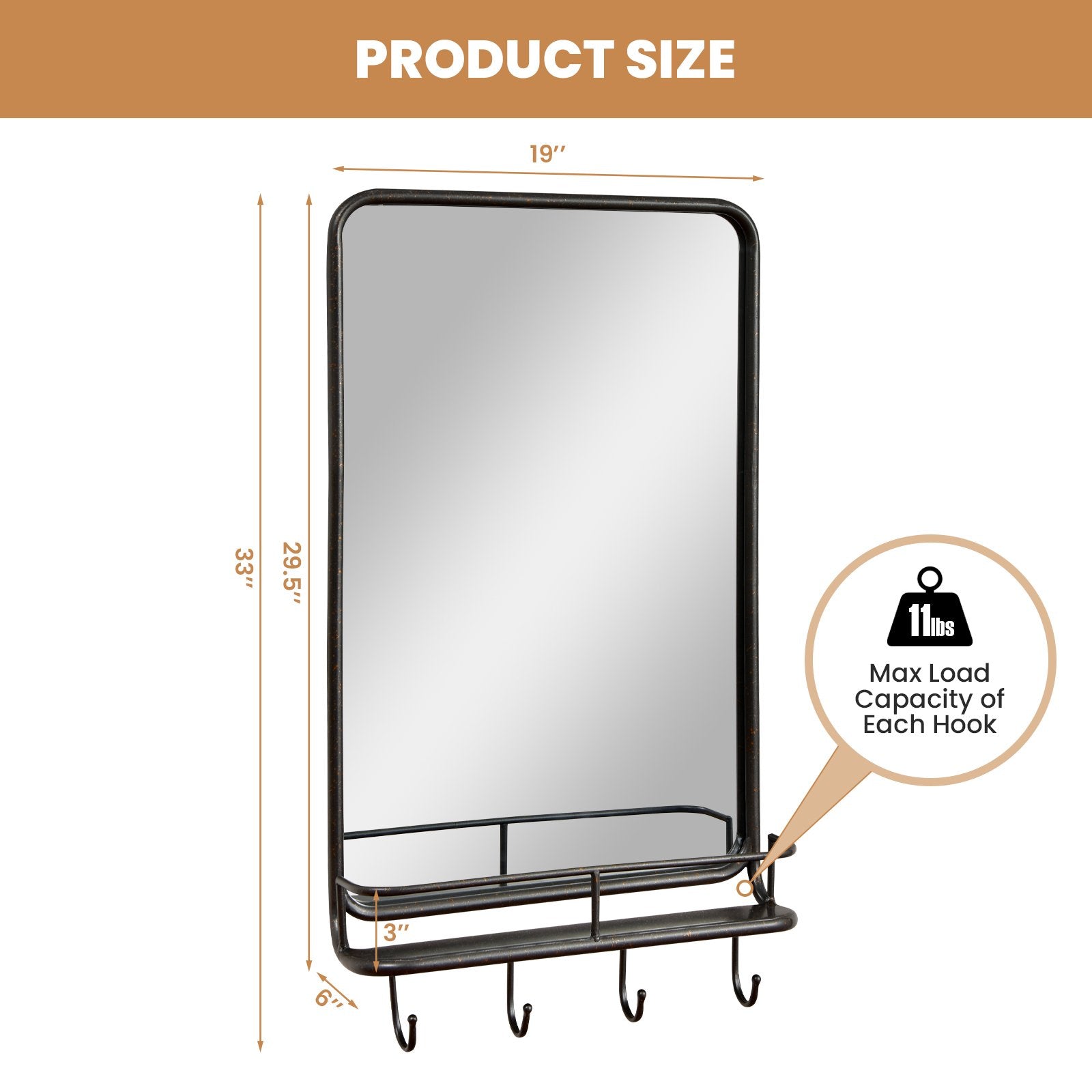 Wall Bathroom Mirror with Shelf Hooks Sturdy Metal Frame for Bedroom Living Room, Black Wall Mirrors   at Gallery Canada