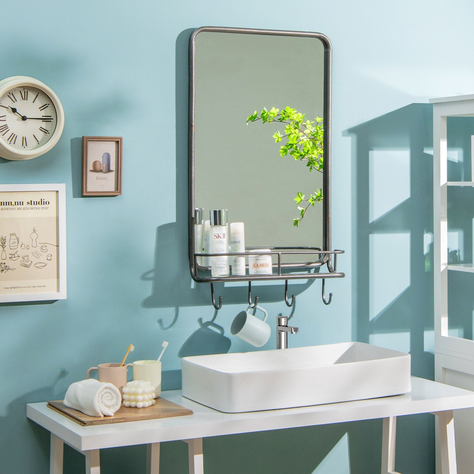 Wall Bathroom Mirror with Shelf Hooks Sturdy Metal Frame for Bedroom Living Room, Black Wall Mirrors   at Gallery Canada