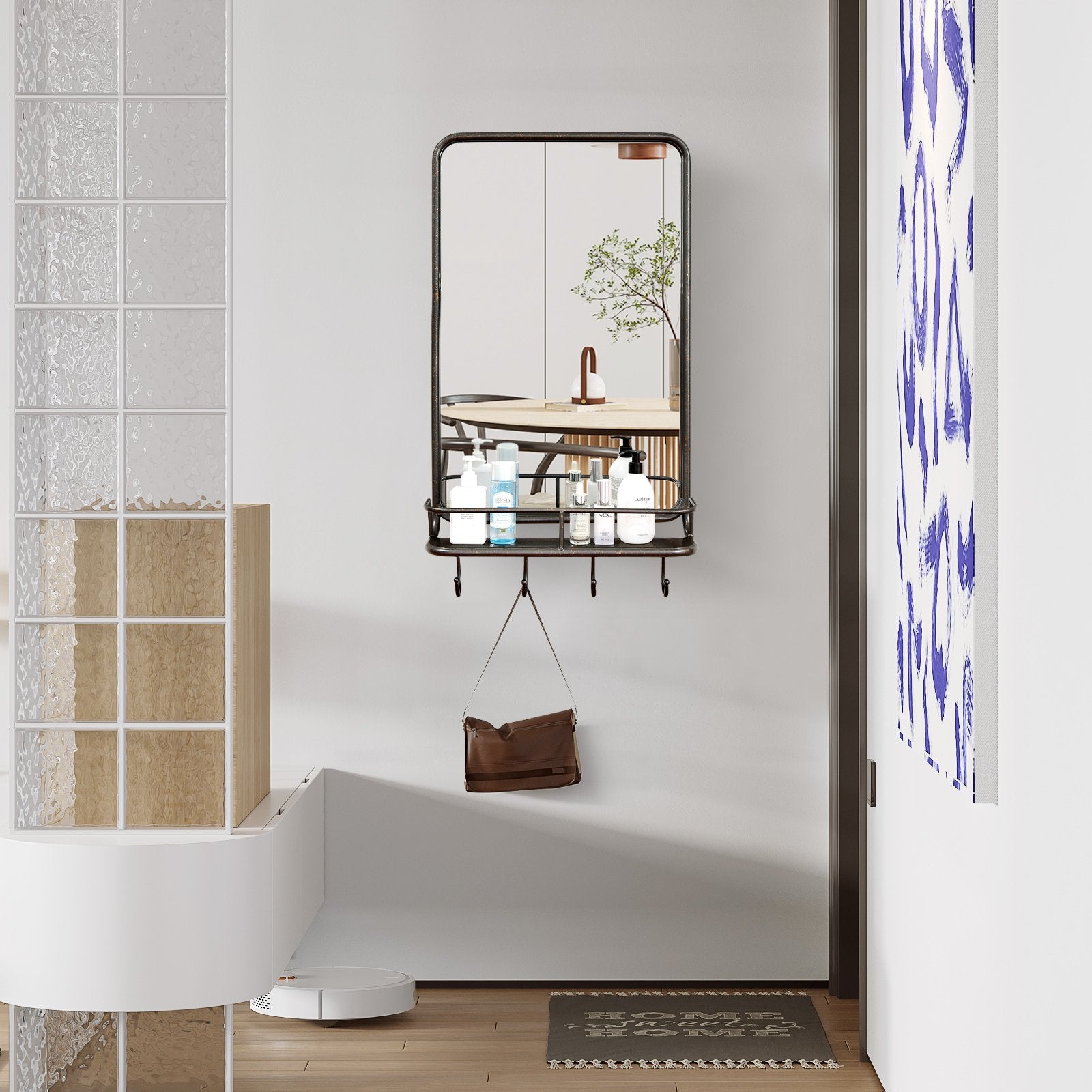 Wall Bathroom Mirror with Shelf Hooks Sturdy Metal Frame for Bedroom Living Room, Black Wall Mirrors   at Gallery Canada