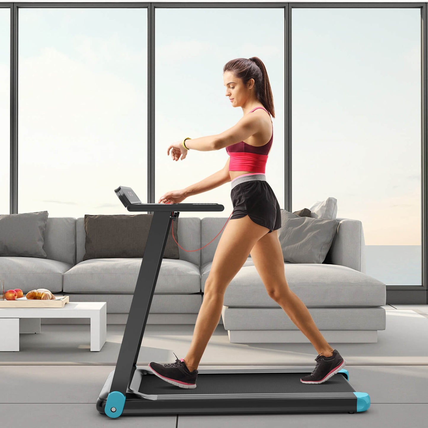 Folding Electric Compact Walking Treadmill with APP Control Speaker, Blue Treadmills   at Gallery Canada