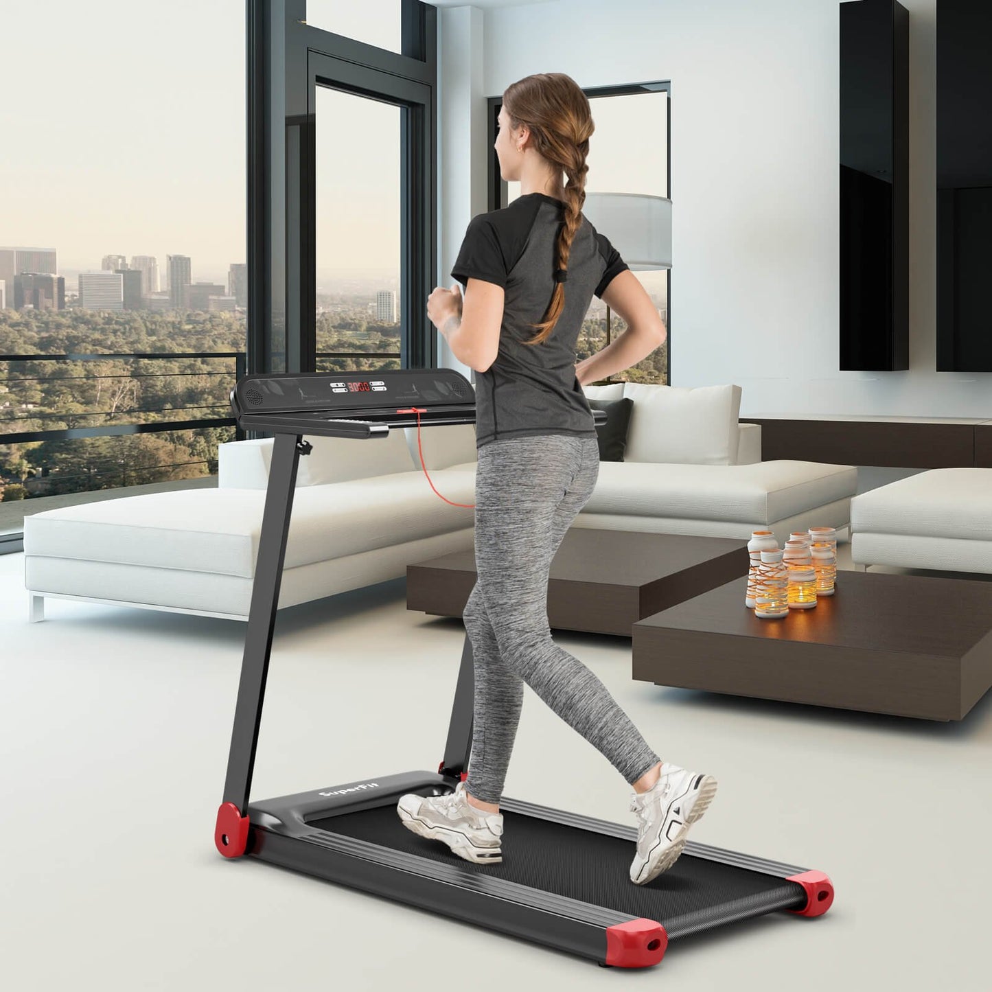 Folding Electric Compact Walking Treadmill with APP Control Speaker, Red Treadmills   at Gallery Canada