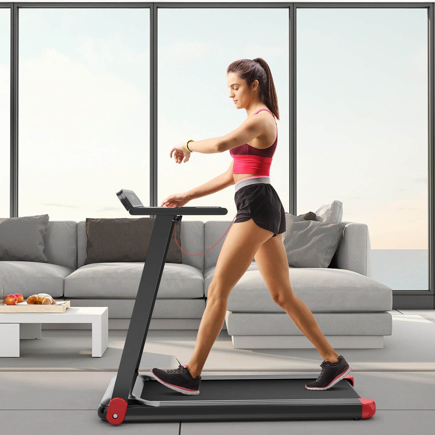 Folding Electric Compact Walking Treadmill with APP Control Speaker, Red Treadmills   at Gallery Canada