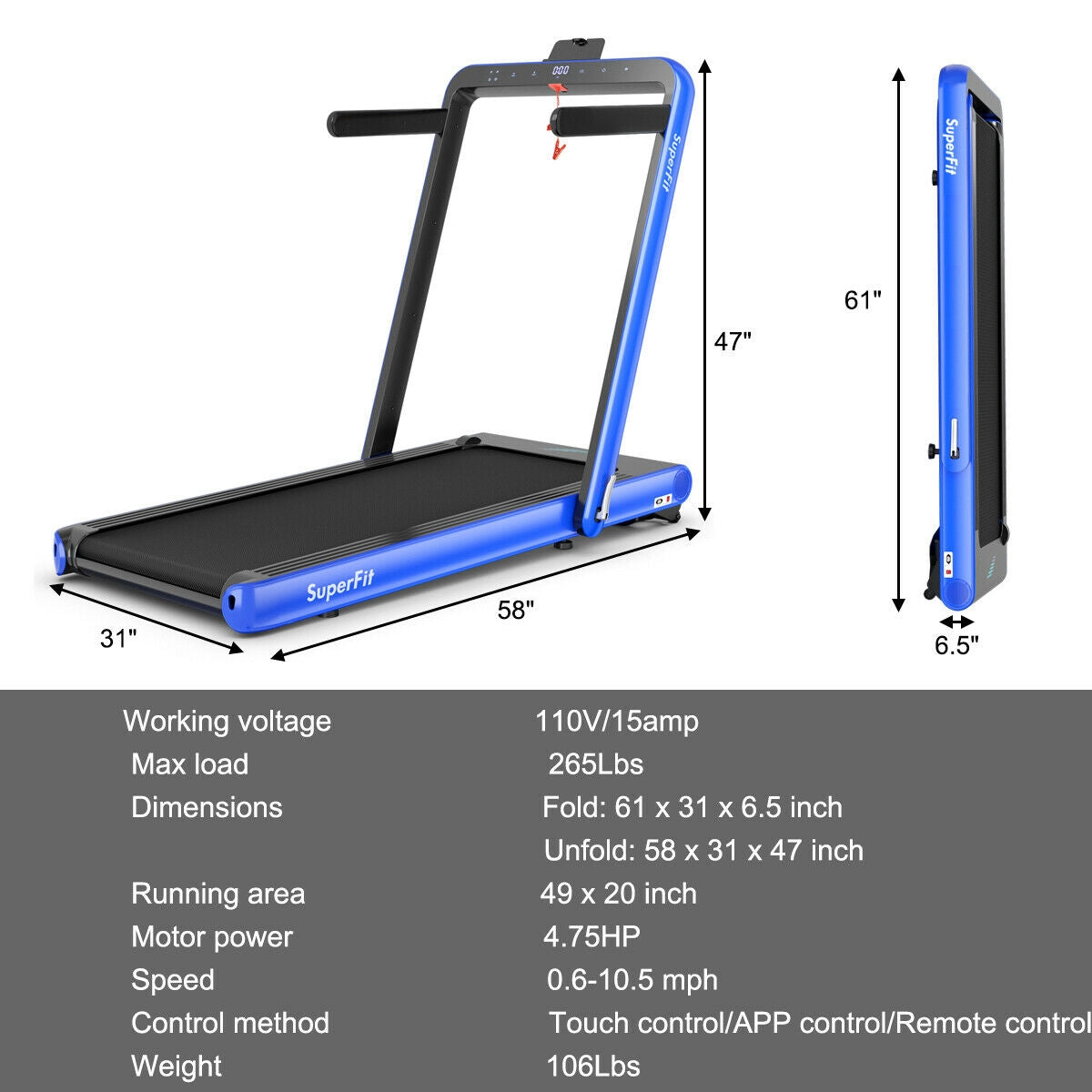4.75HP 2 In 1 Folding Treadmill with Remote APP Control, Navy Treadmills at Gallery Canada