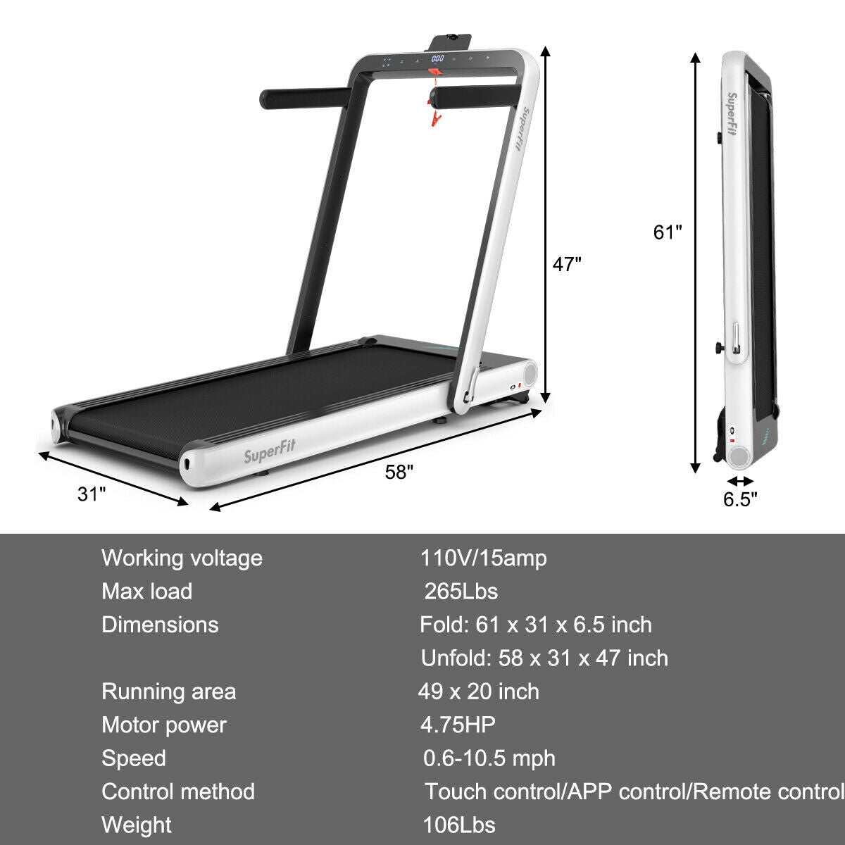 4.75HP 2 In 1 Folding Treadmill with Remote APP Control, White Treadmills at Gallery Canada