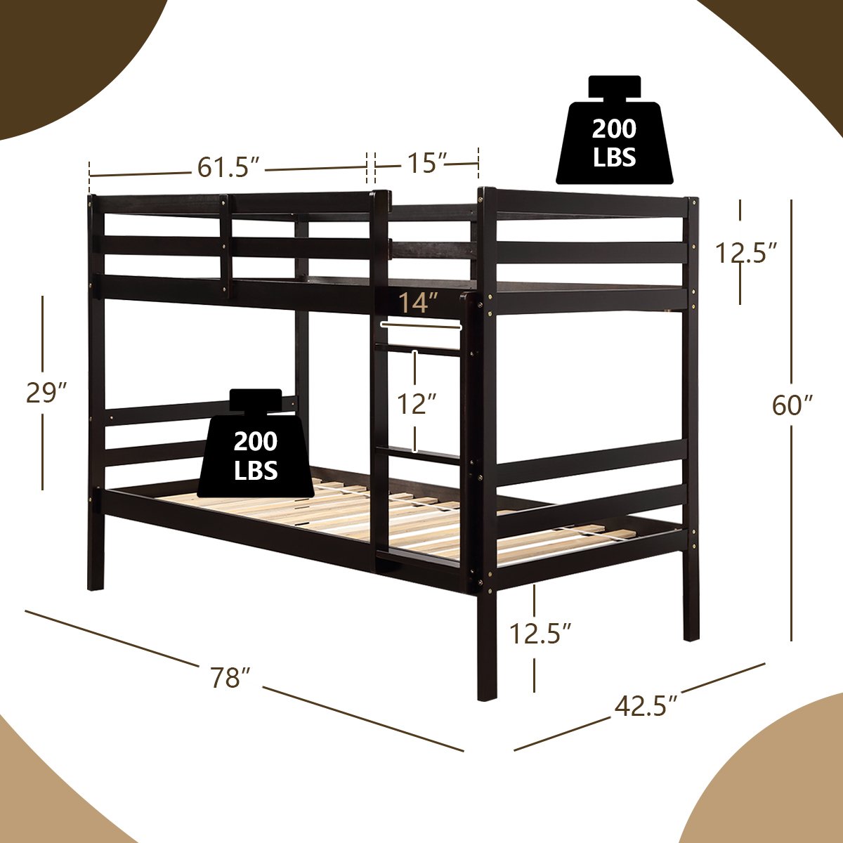 Twin Bunk Bed Children Wooden Bunk Beds Solid Hardwood, Brown - Gallery Canada