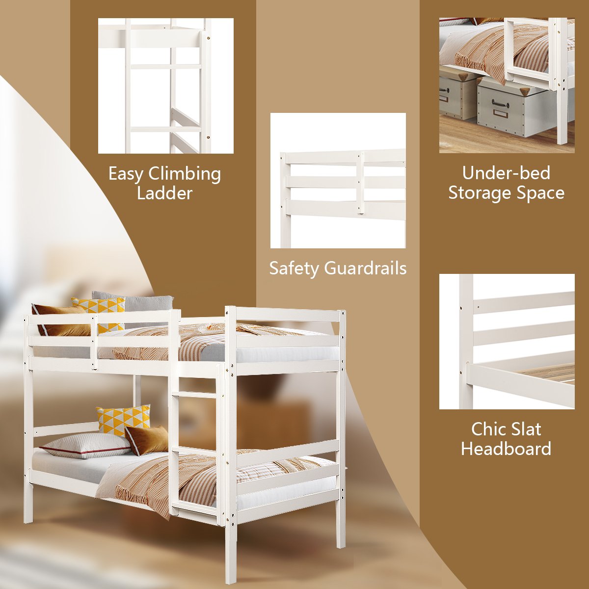 Twin Bunk Bed Children Wooden Bunk Beds Solid Hardwood, White Bunk Bed Frame   at Gallery Canada