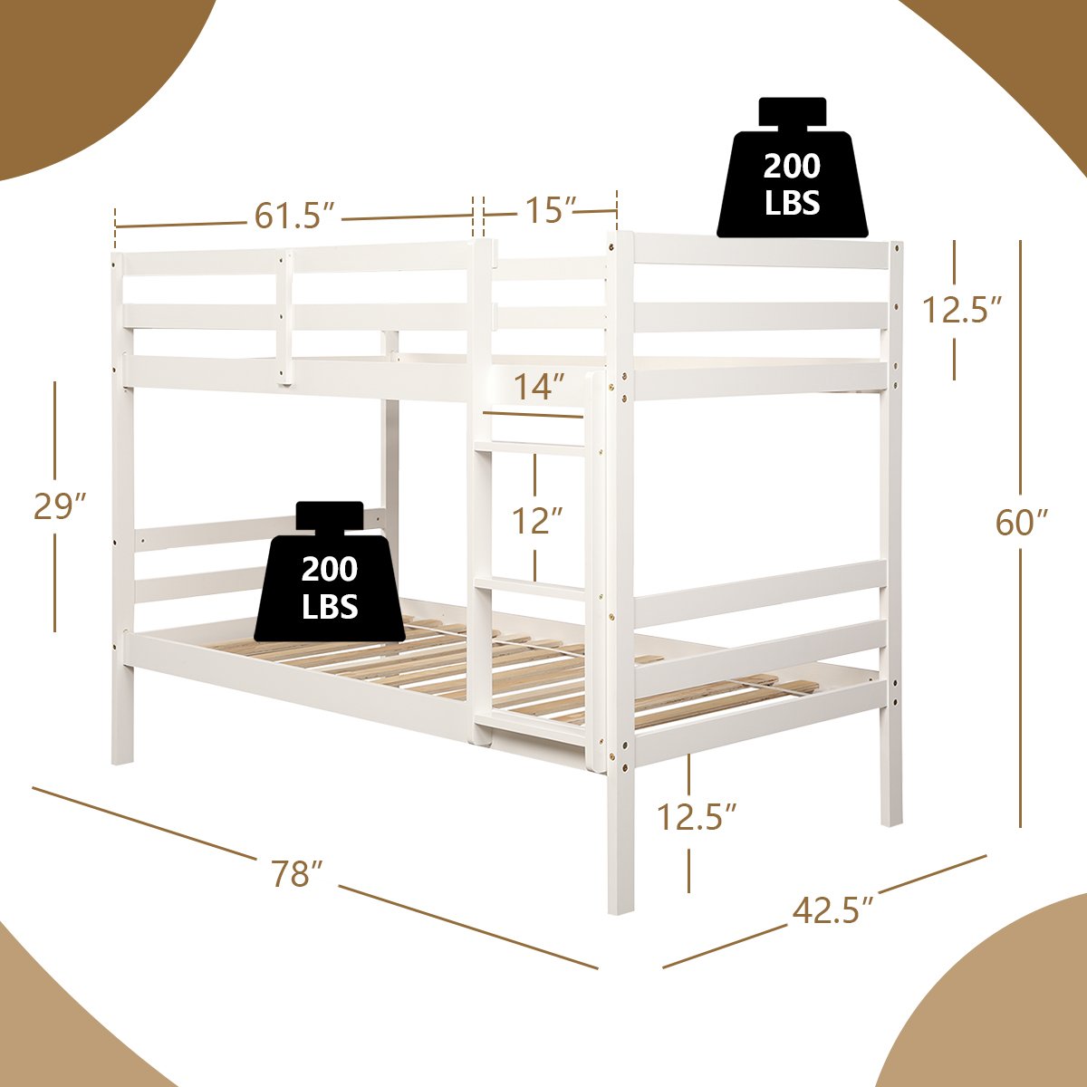 Twin Bunk Bed Children Wooden Bunk Beds Solid Hardwood, White Bunk Bed Frame   at Gallery Canada