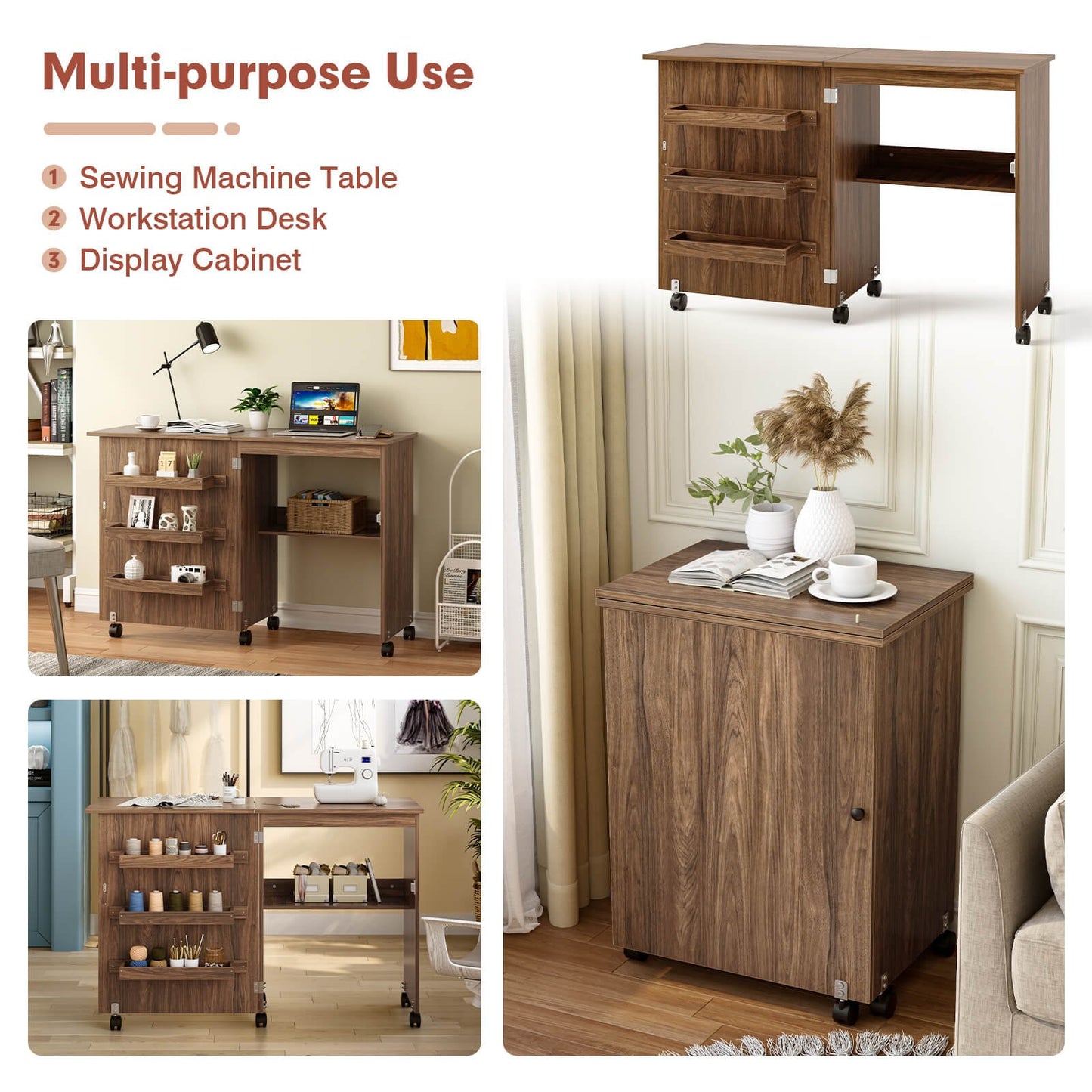 Folding Sewing Craft Table Shelf Storage Cabinet Home Furniture, Brown Sewing Tables   at Gallery Canada