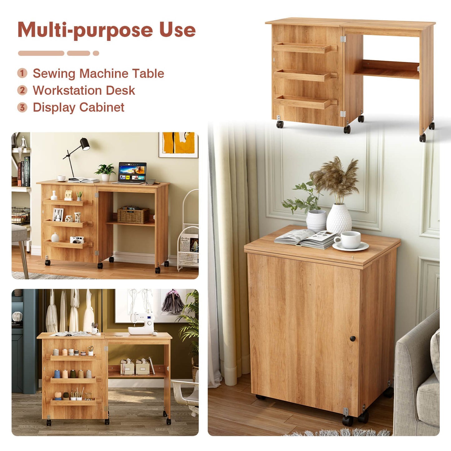 Folding Sewing Craft Table Shelf Storage Cabinet Home Furniture, Natural Sewing Tables   at Gallery Canada