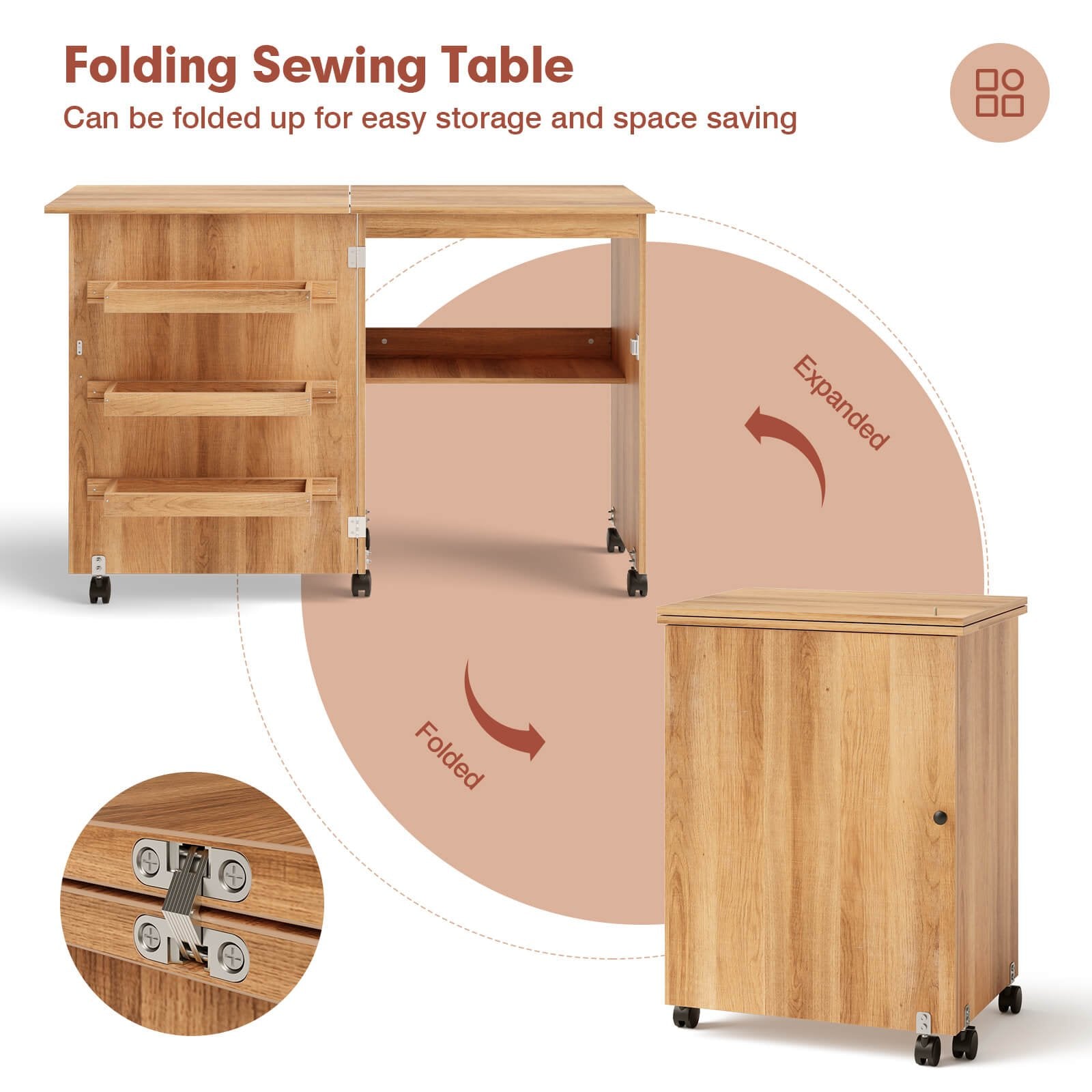 Folding Sewing Craft Table Shelf Storage Cabinet Home Furniture, Natural Sewing Tables   at Gallery Canada