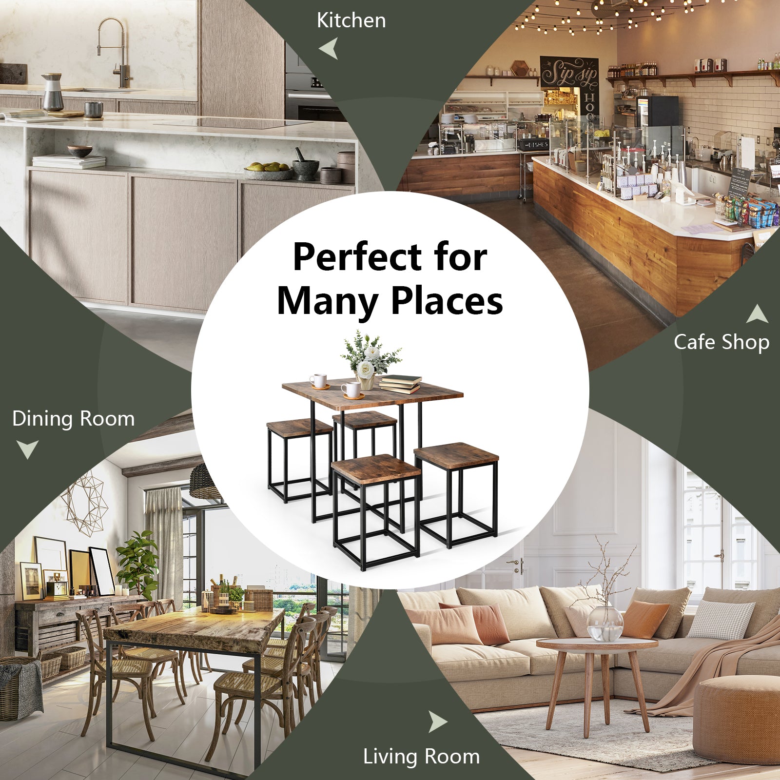 5 Pieces Metal Frame Dining Set with Compact Dining Table and 4 Stools , Walnut Dining Room Sets at Gallery Canada