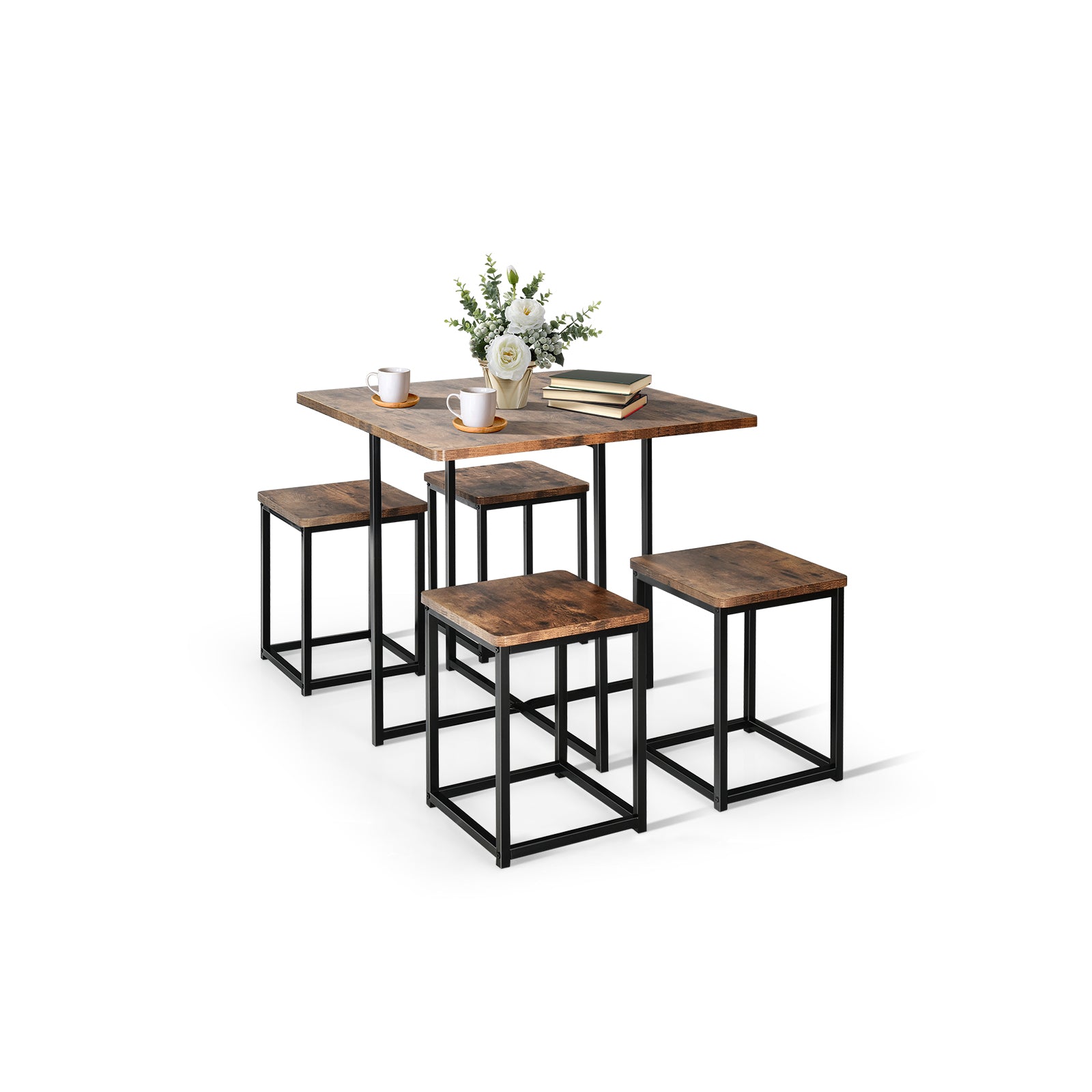 5 Pieces Metal Frame Dining Set with Compact Dining Table and 4 Stools , Walnut Dining Room Sets at Gallery Canada