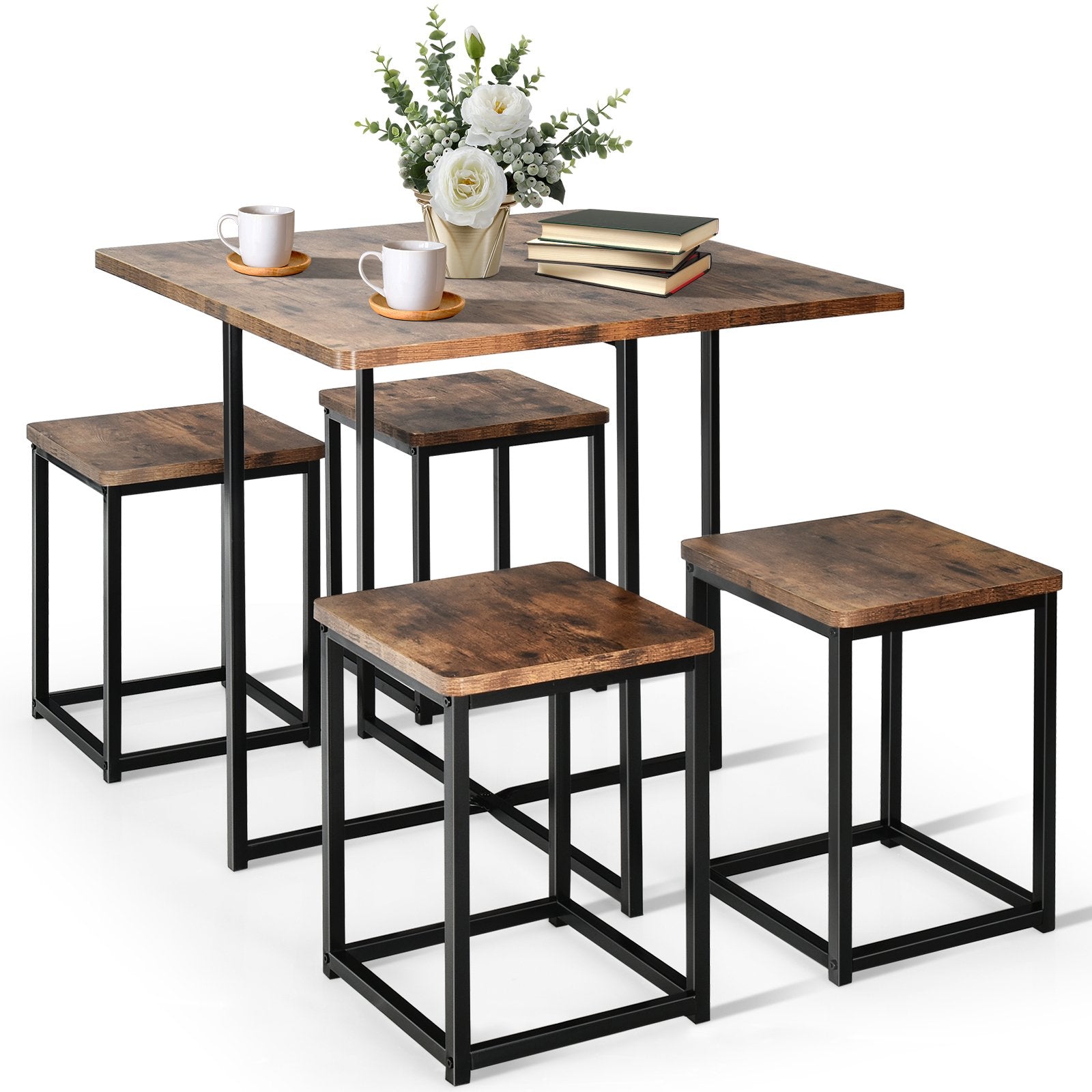 5 Pieces Metal Frame Dining Set with Compact Dining Table and 4 Stools , Walnut Dining Room Sets   at Gallery Canada