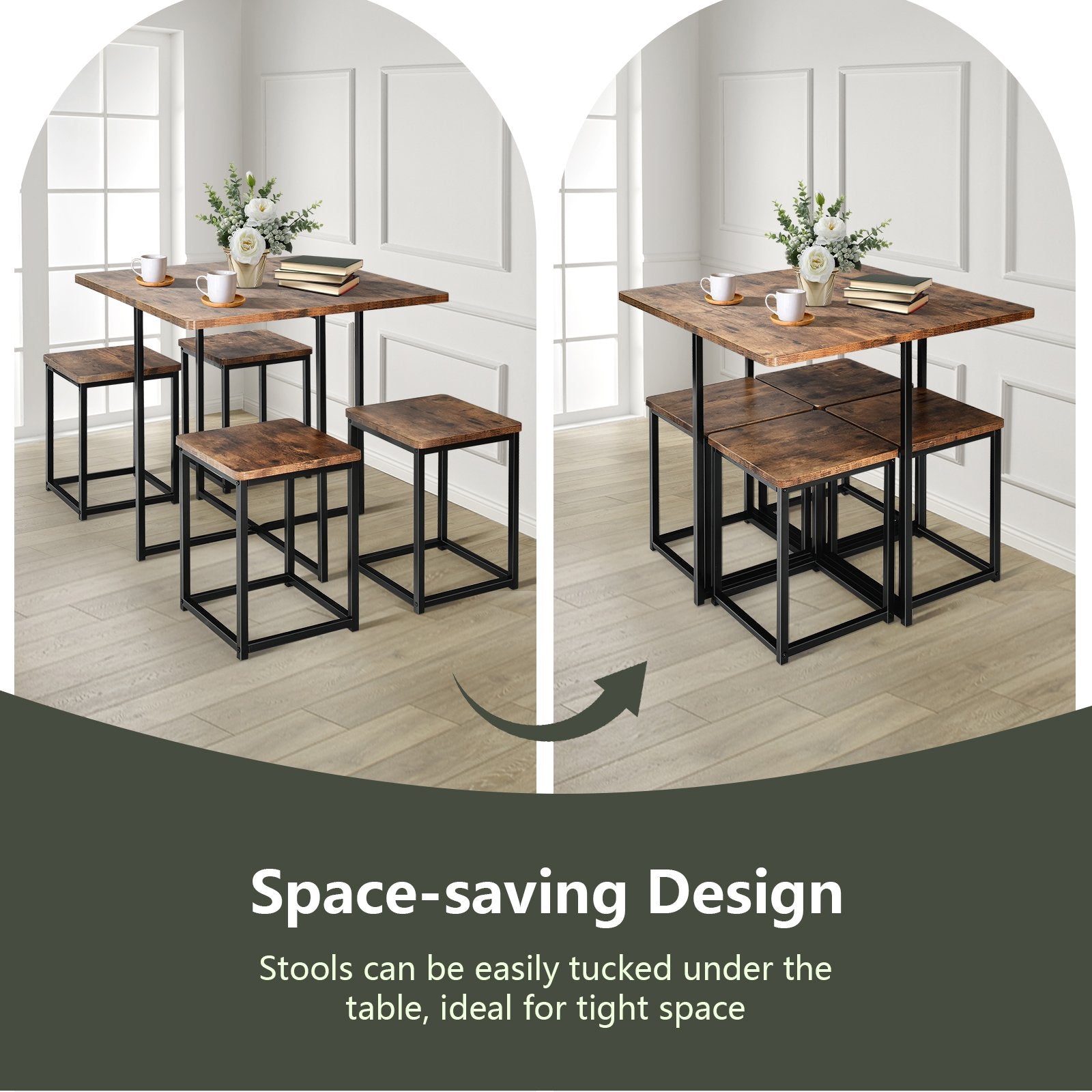 5 Pieces Metal Frame Dining Set with Compact Dining Table and 4 Stools , Walnut Dining Room Sets   at Gallery Canada