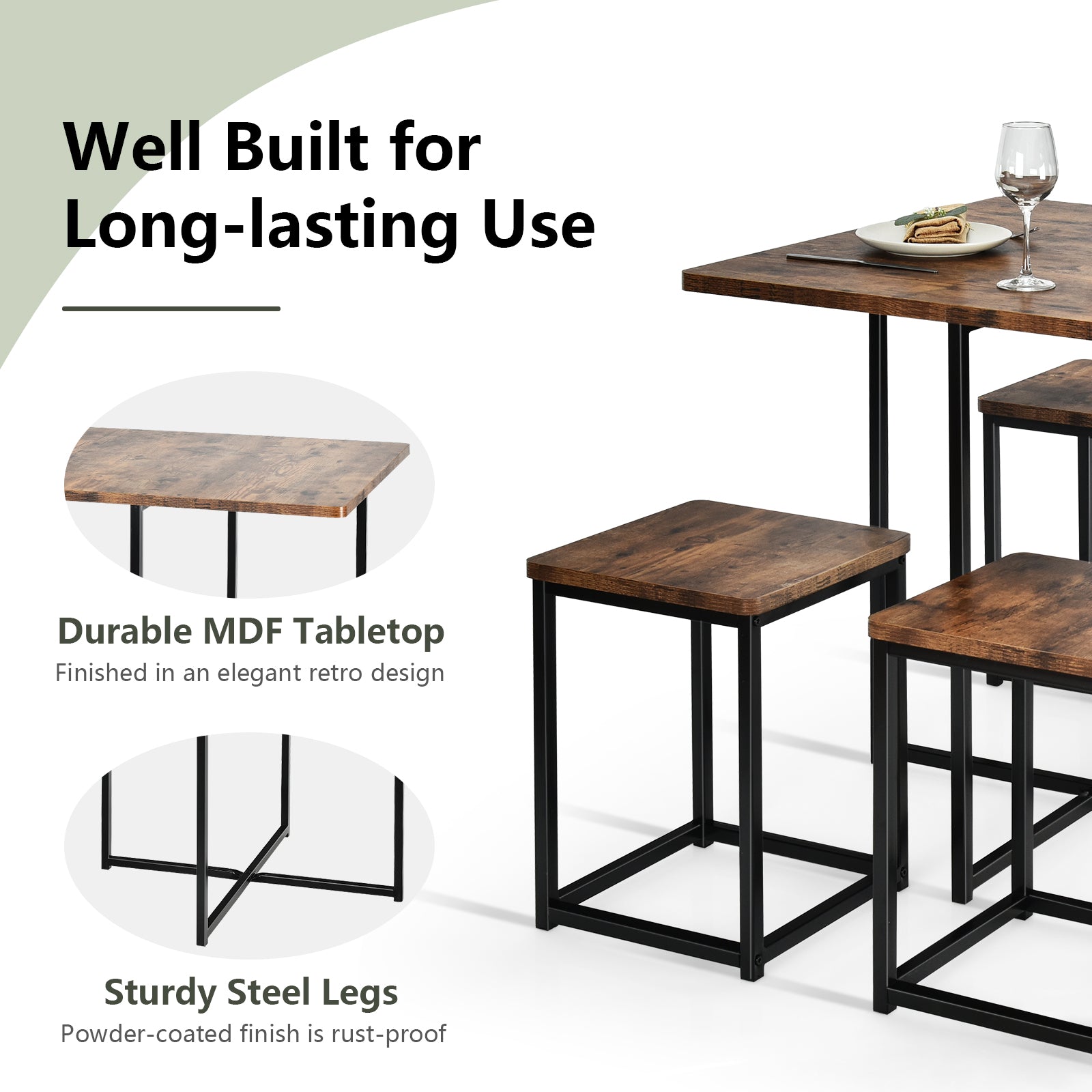 5 Pieces Metal Frame Dining Set with Compact Dining Table and 4 Stools , Walnut Dining Room Sets at Gallery Canada