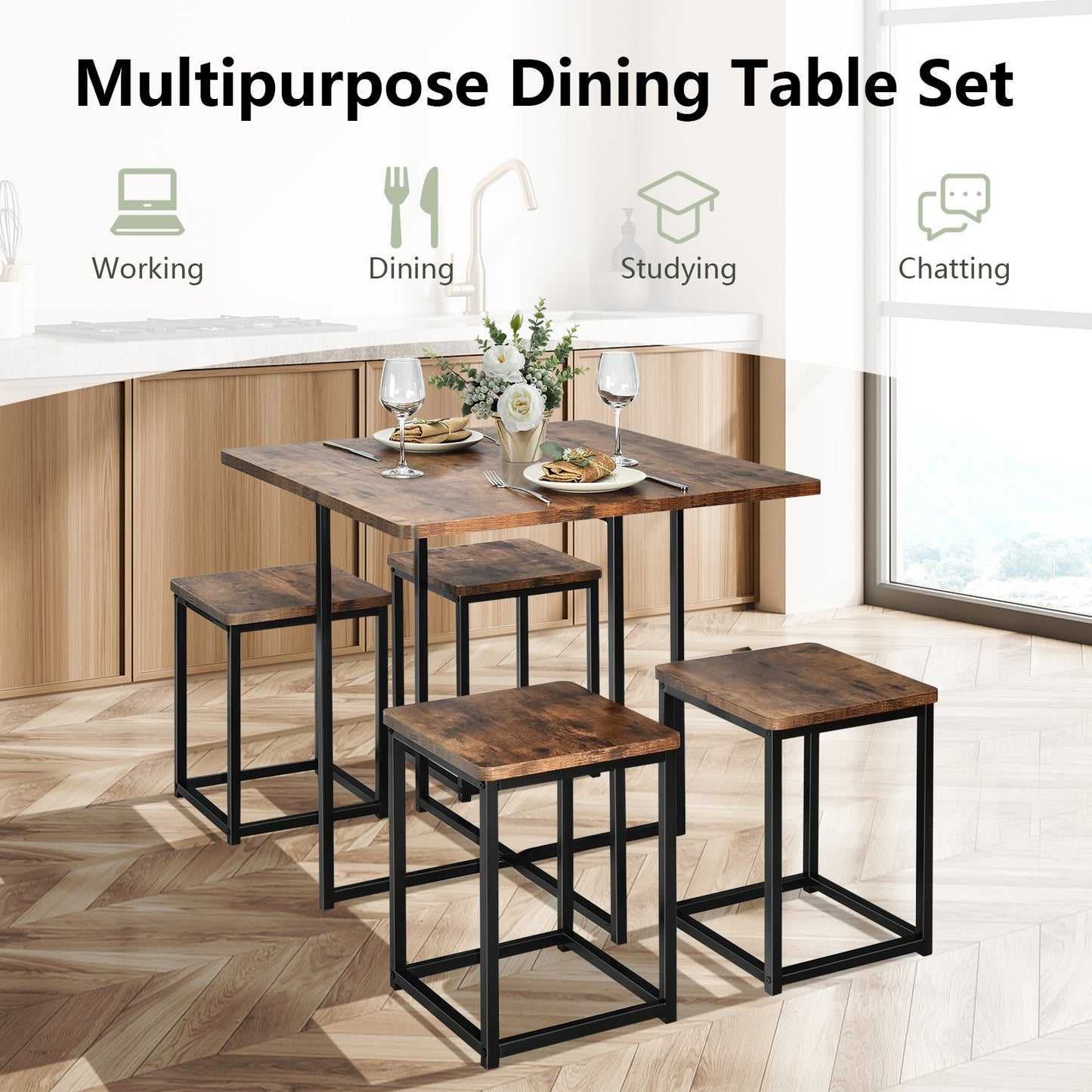 5 Pieces Metal Frame Dining Set with Compact Dining Table and 4 Stools , Walnut Dining Room Sets   at Gallery Canada